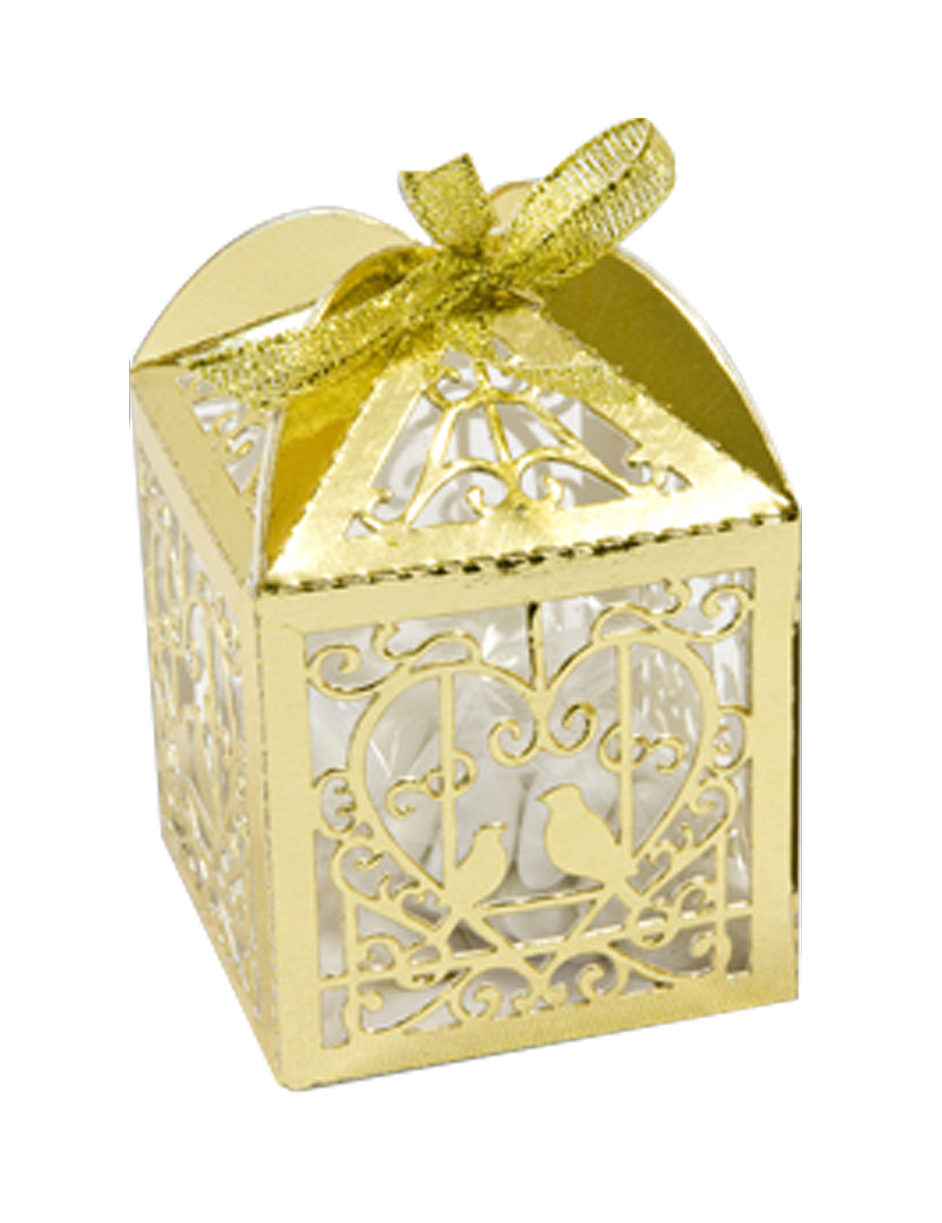 10 Gastgeschenkboxen Herz Tauben goldfarben 5 x 7