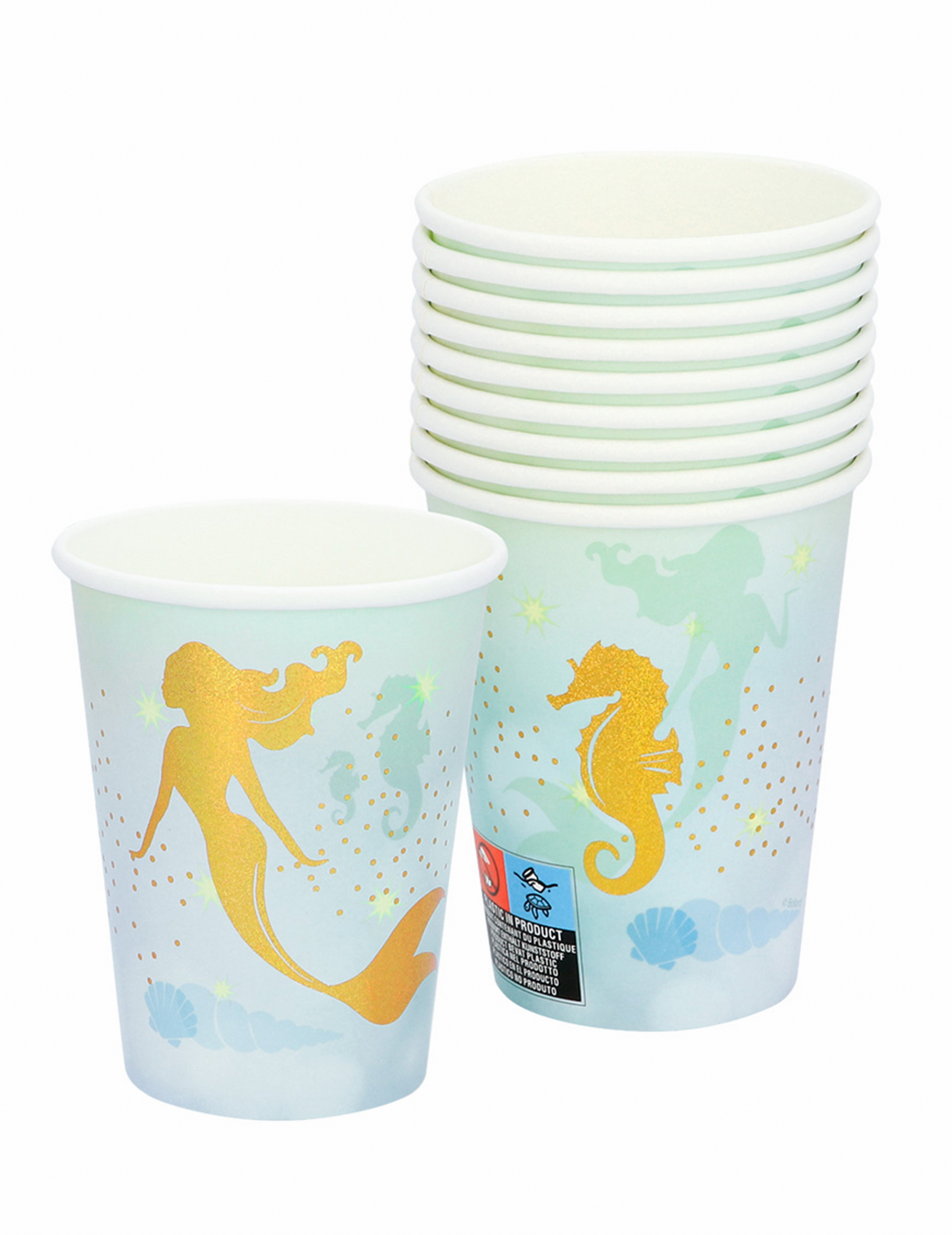 10 Meerjungfrau Pappbecher 210 ml Blau + Gold