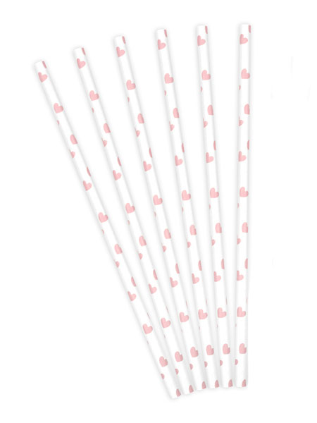 10 Pappstrohhalme weiß mit rosa Herzen 19