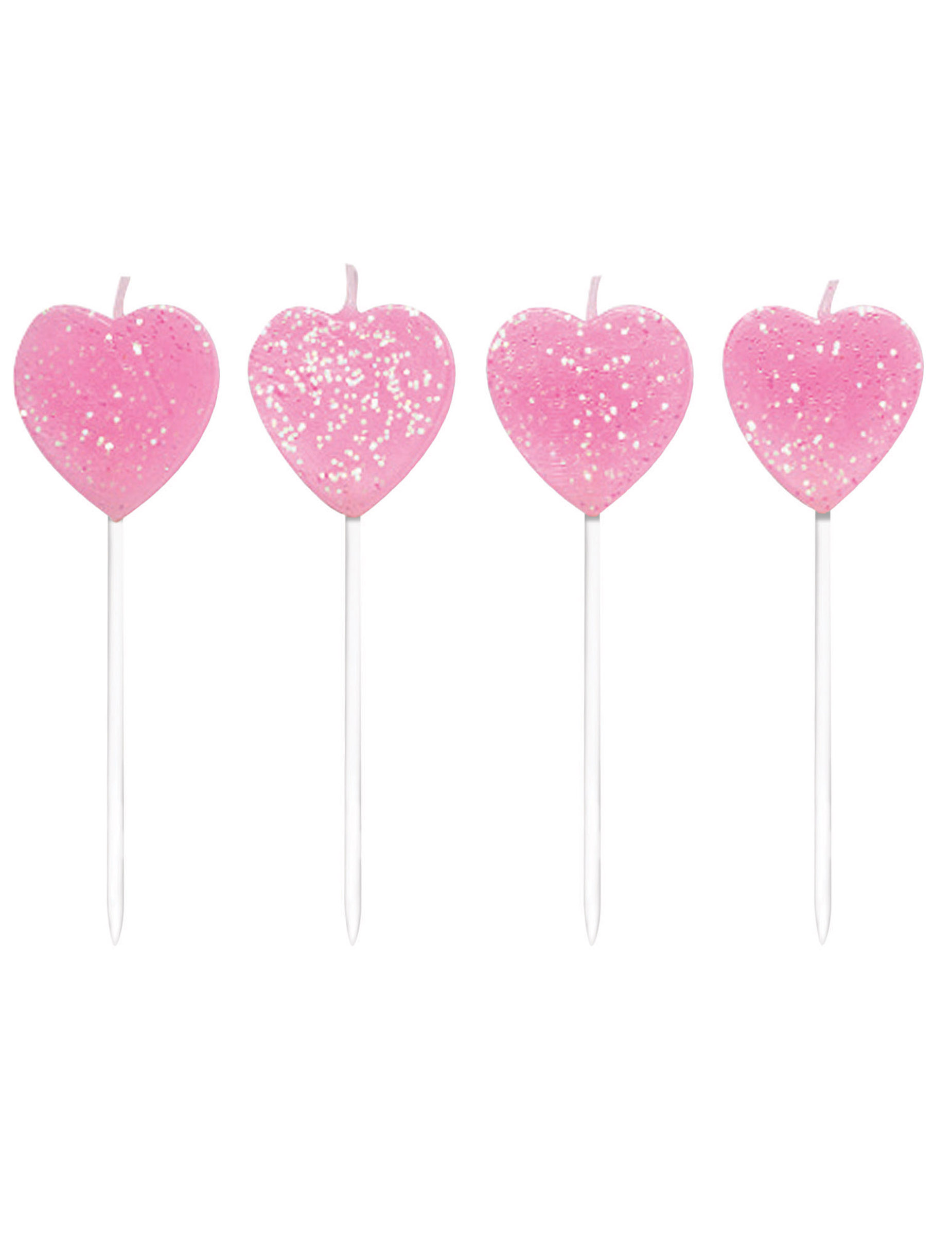 10 rosa Herz-Kerzen auf Stäben 7 cm mit Glitzer