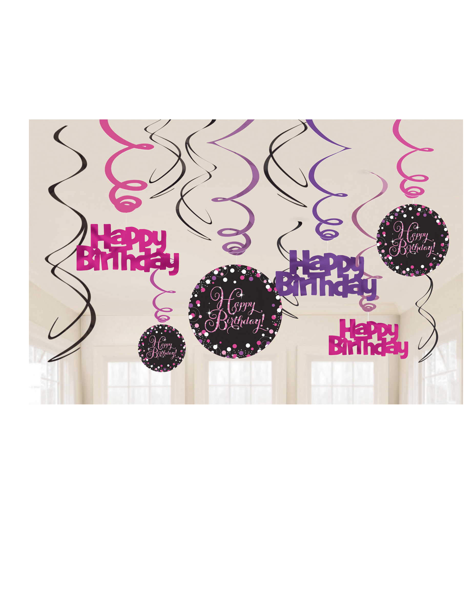 12 Hängedekorationen Wirbel Pink Happy Birthday Glitzer-Feier Pappe