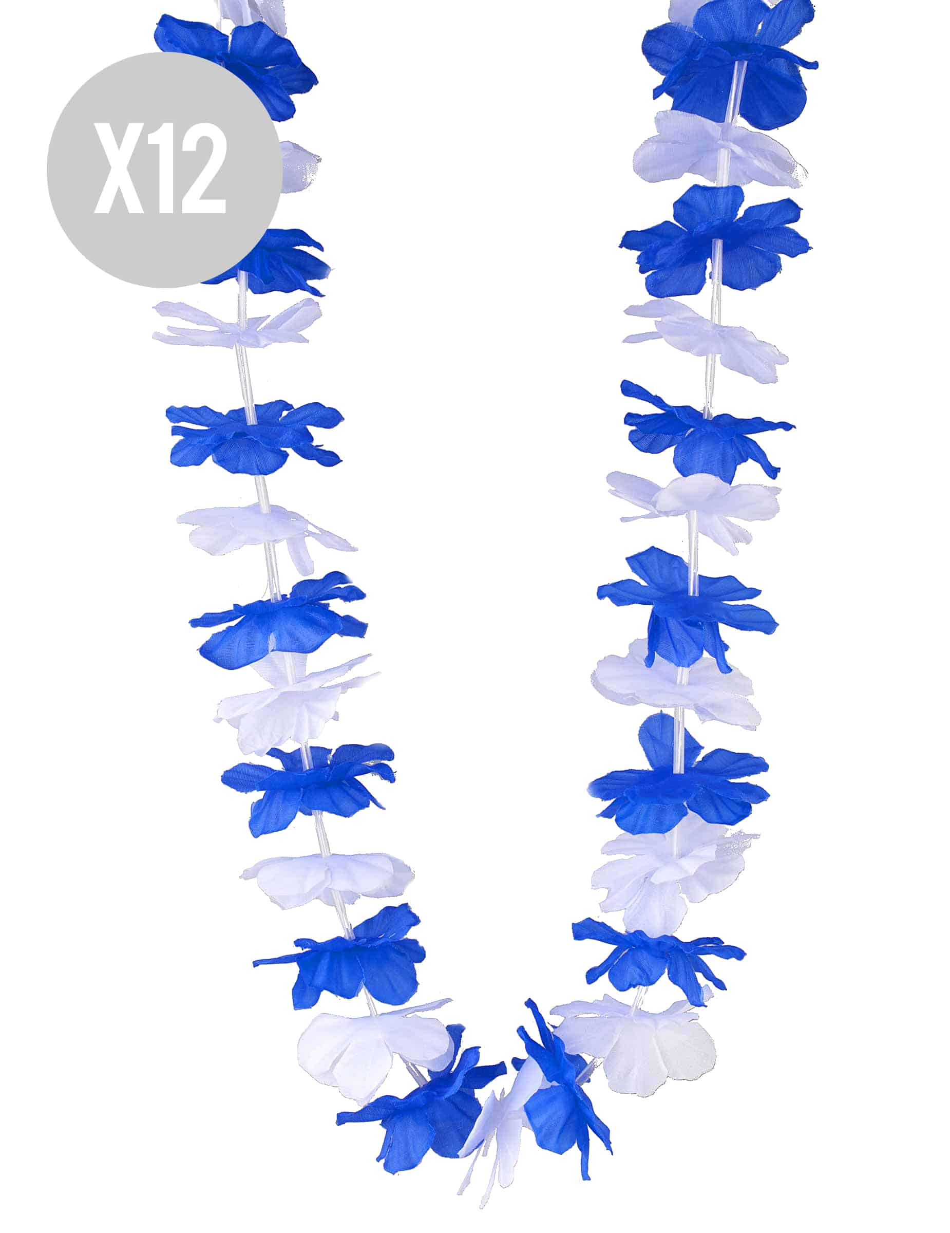12 Hawaii-Blütenketten blau-weiß für Erwachsene