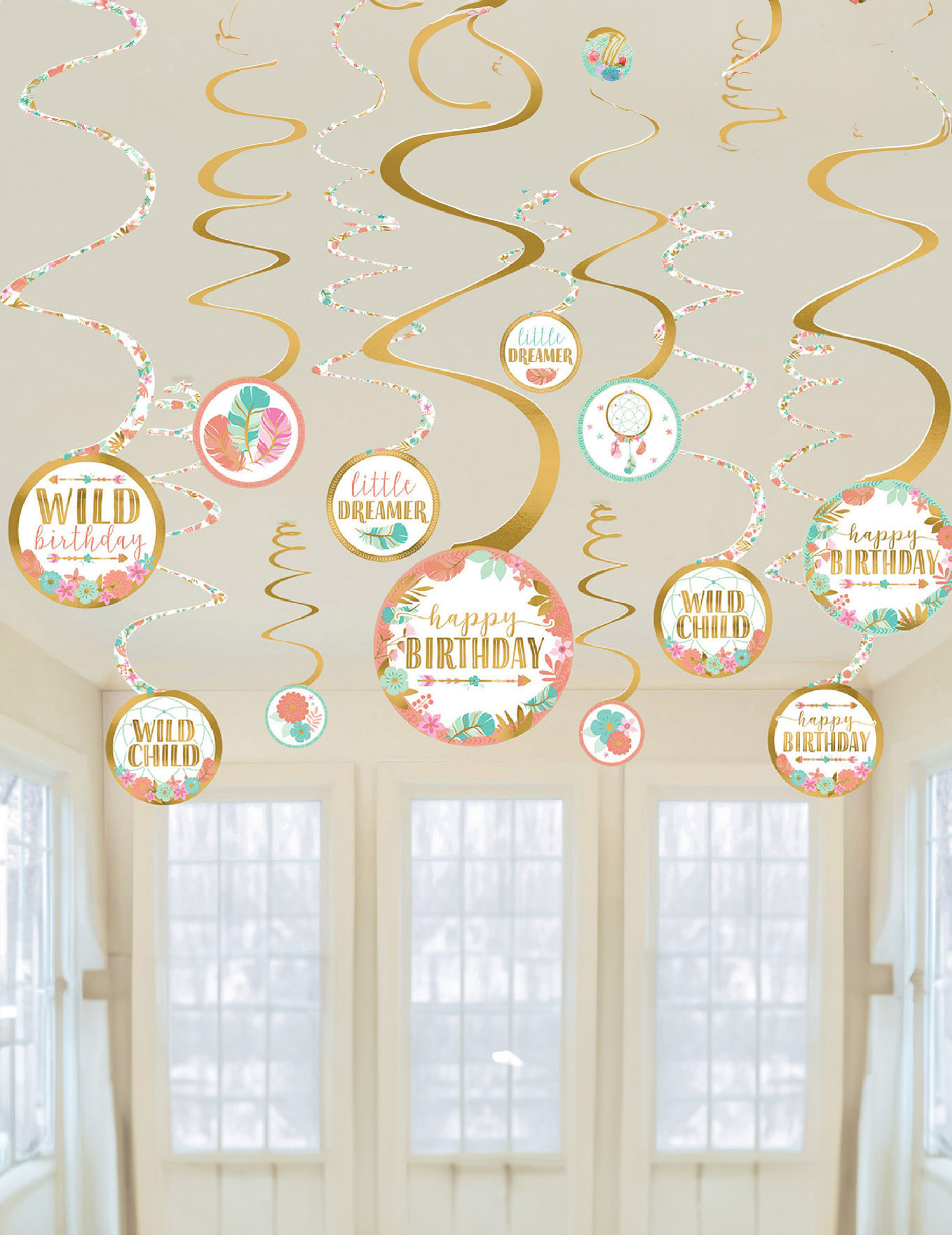 12 Spiral-Hänger Boho Geburtstag Gold + Weiß