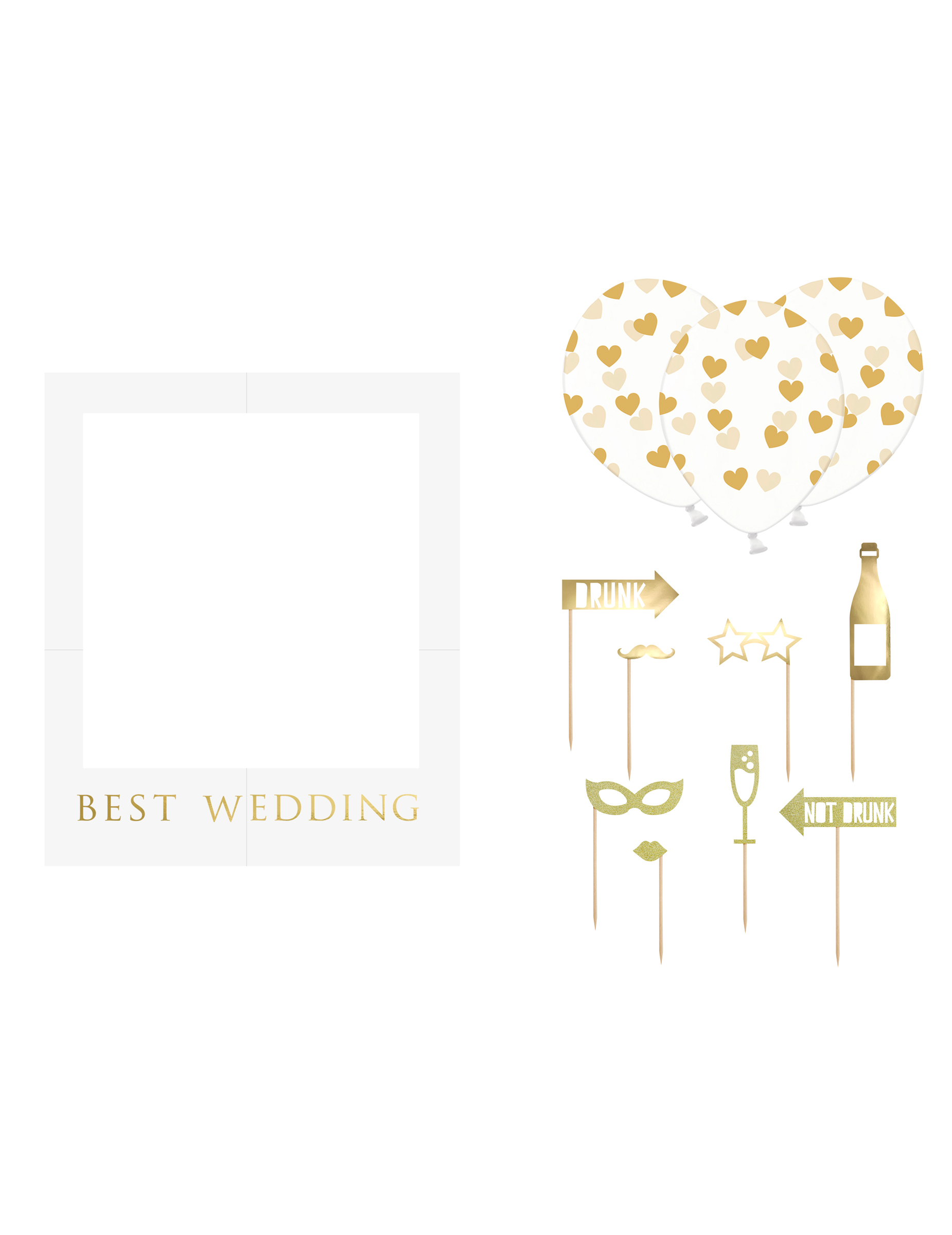12-teiliges Photobooth-Set Hochzeit Weiß und Gold mit Rahmen