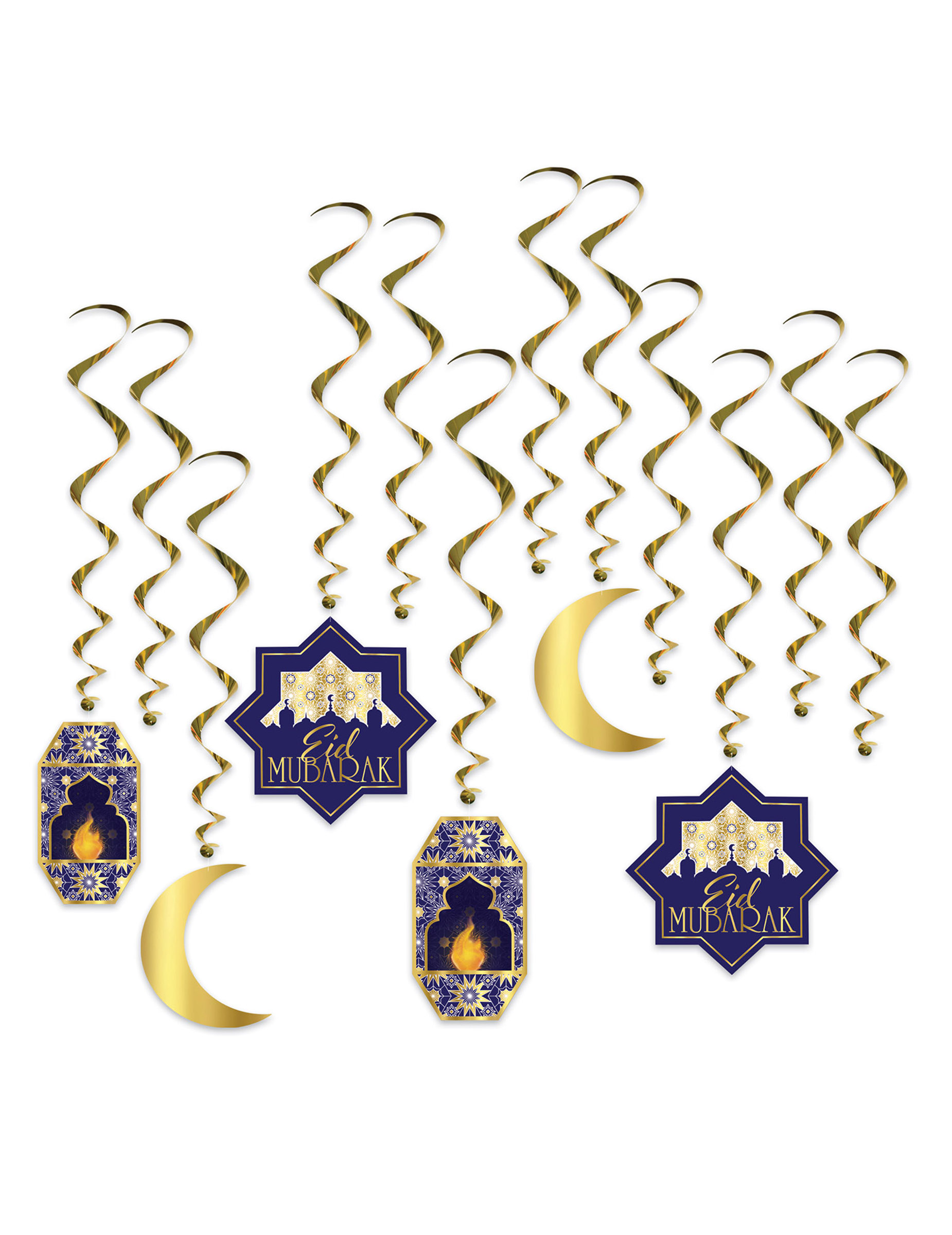 12er Set Spiral-Hänger Eid Mubarak Blau + Gold 71 cm