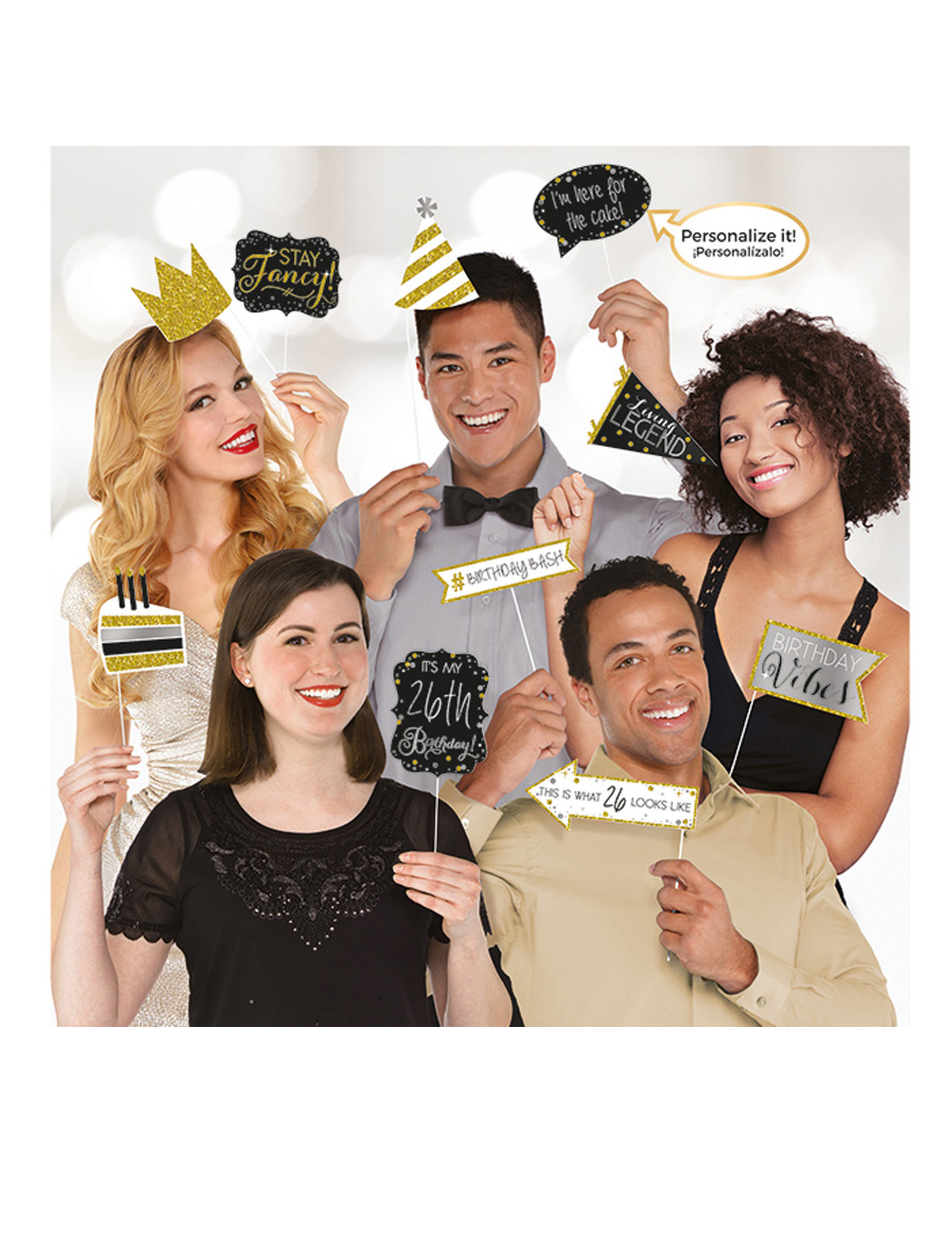 13 personalisierbare Photobooth-Accessoires Schwarz-Gold