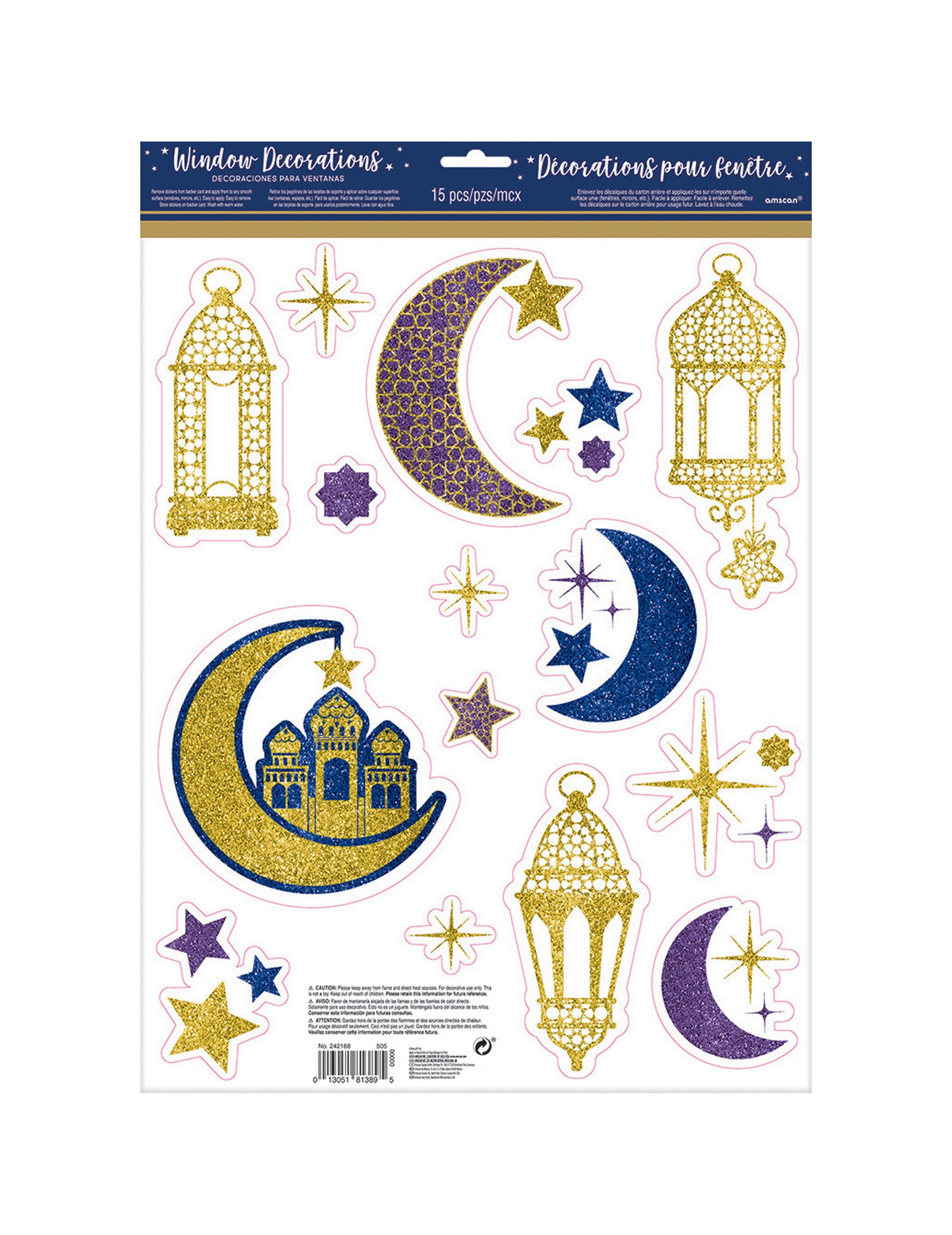 15 glitzernde Eid Mubarak Fenster-Dekorationen 43 x 30 cm - wiederverwendbar
