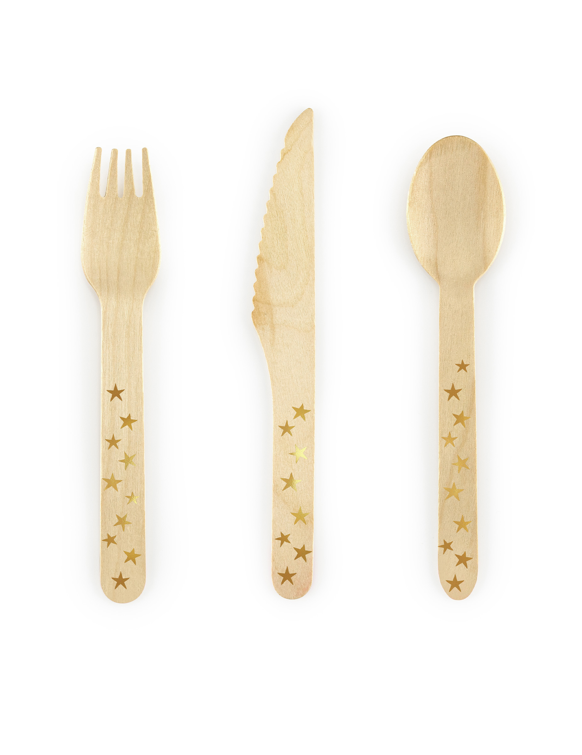 18 Holzbesteck Sterne Gold Holz 16 cm