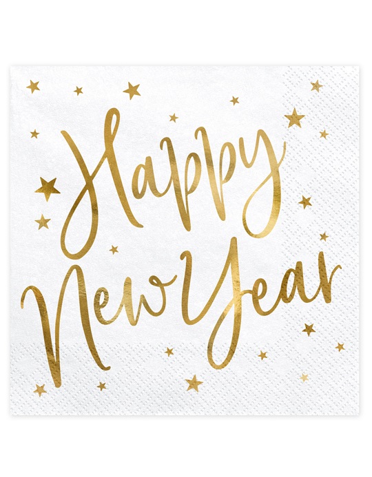 20 Happy New Year Papierservietten Weiß und Gold 33x33 cm mit Sternen