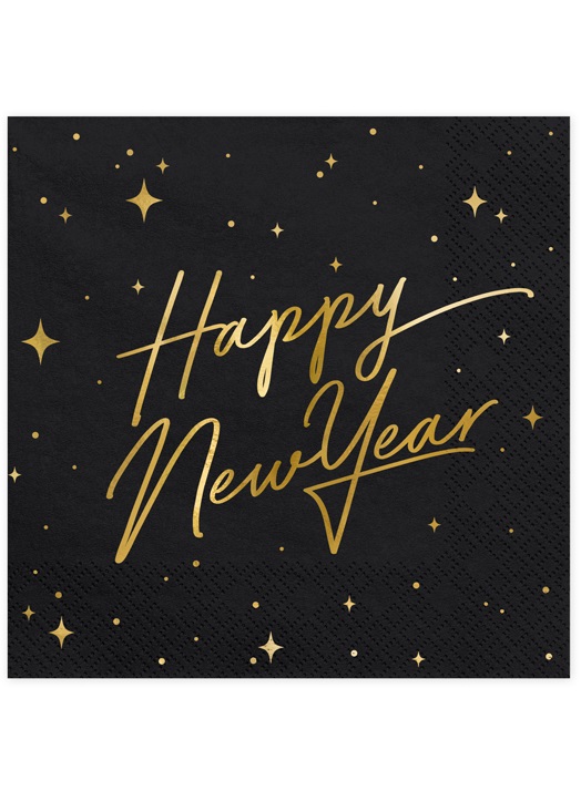 20 Servietten Happy New Year Schwarz Gold 33 x 33 cm