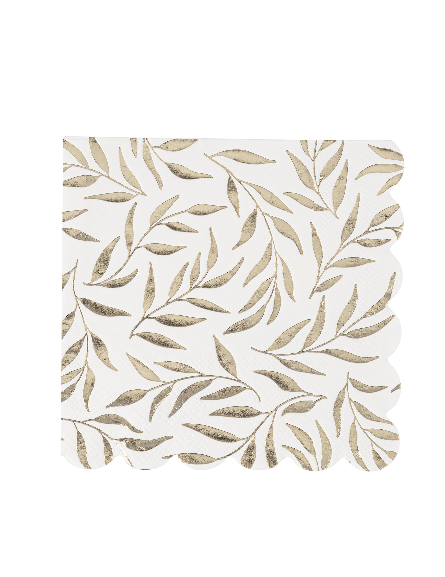 20 weiße und goldene Cocktail-Papierservietten mit Blattmuster und Wellenrand