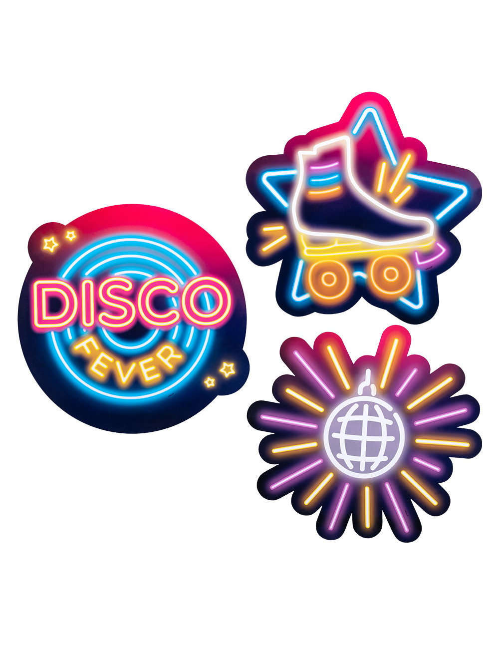 3 Disco-Fever Papp-Dekorationen 29x30cm Rollschuh + Discokugel