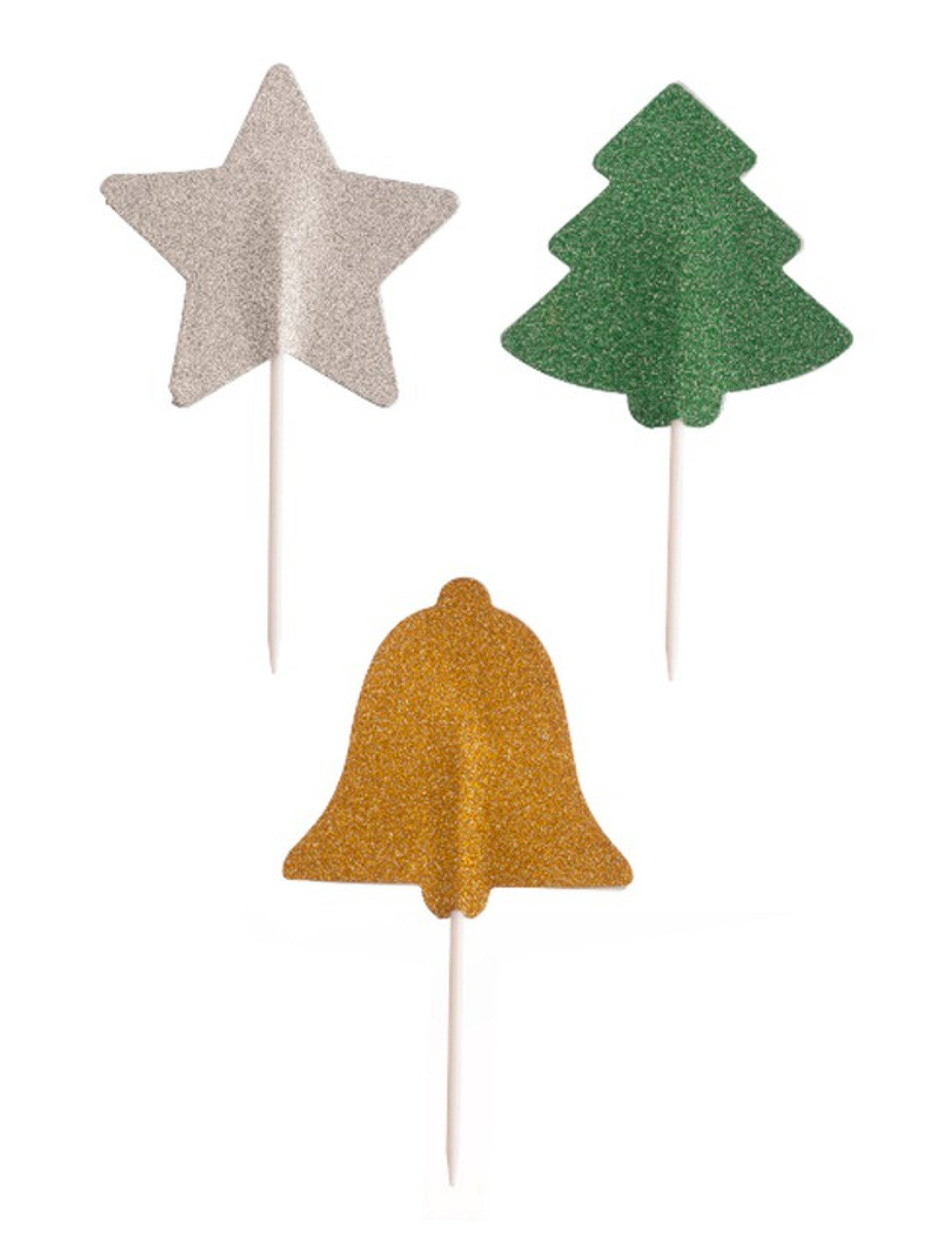 3 Glitzer-Weihnachtspicker 5cm Tannenbaum Stern Glocke