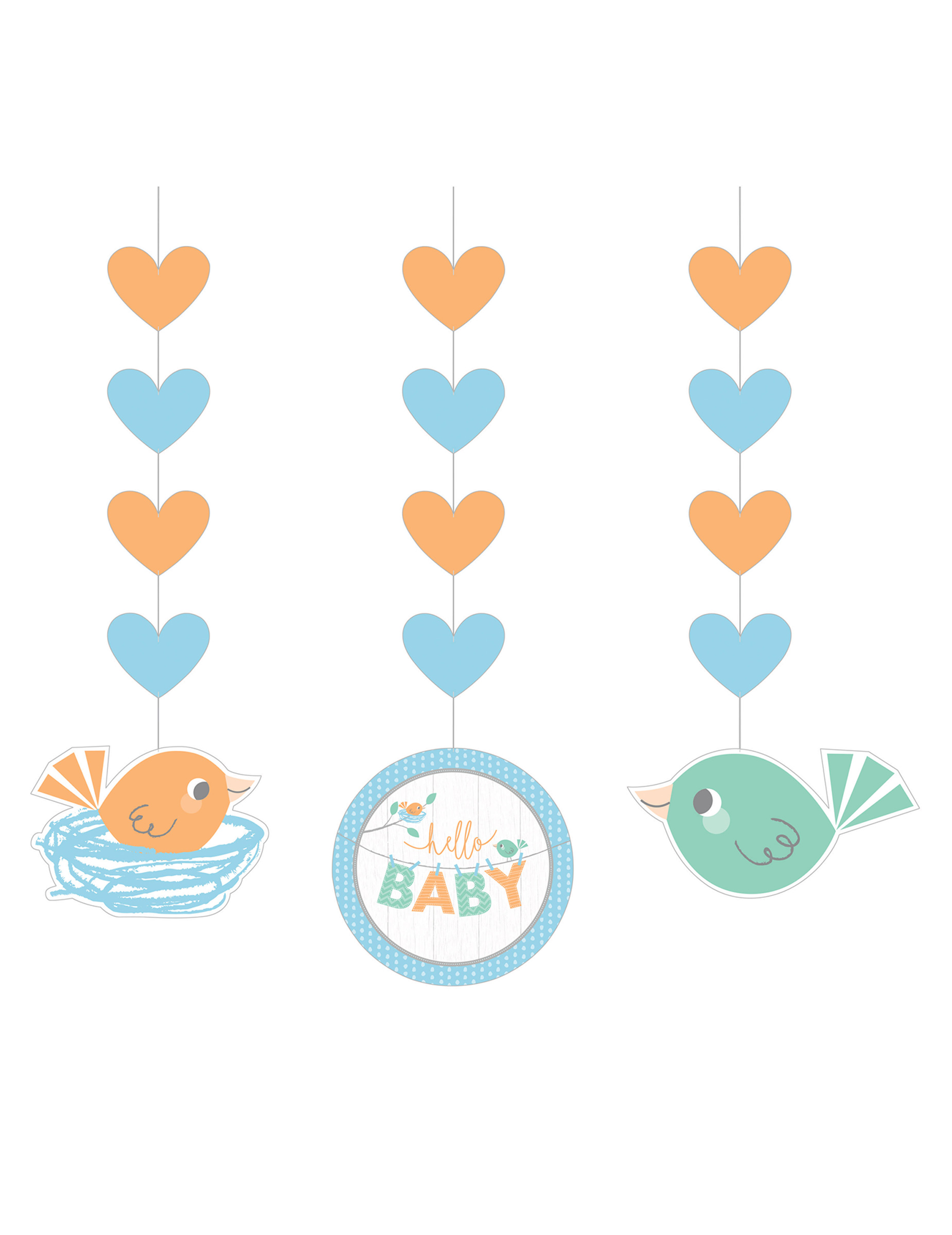 3 Hängedekorationen Hello Baby Blau 91 cm Babyparty