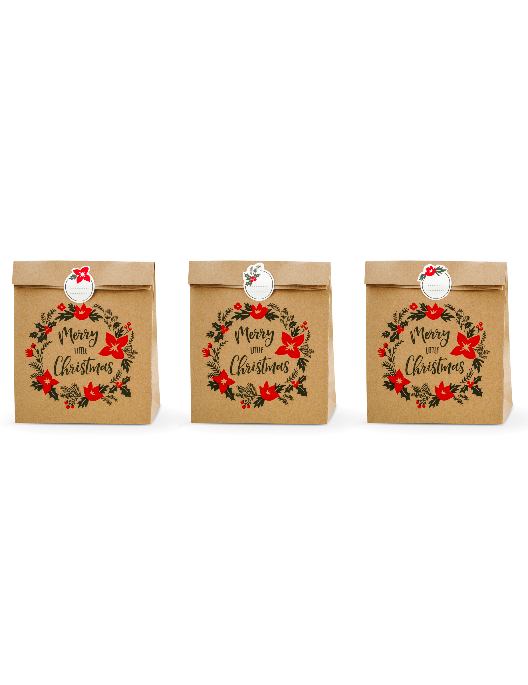 3 Kraftpapier-Geschenktüten mit Merry Christmas Stickern 27 x 25 x 11 cm zu Weihnachten
