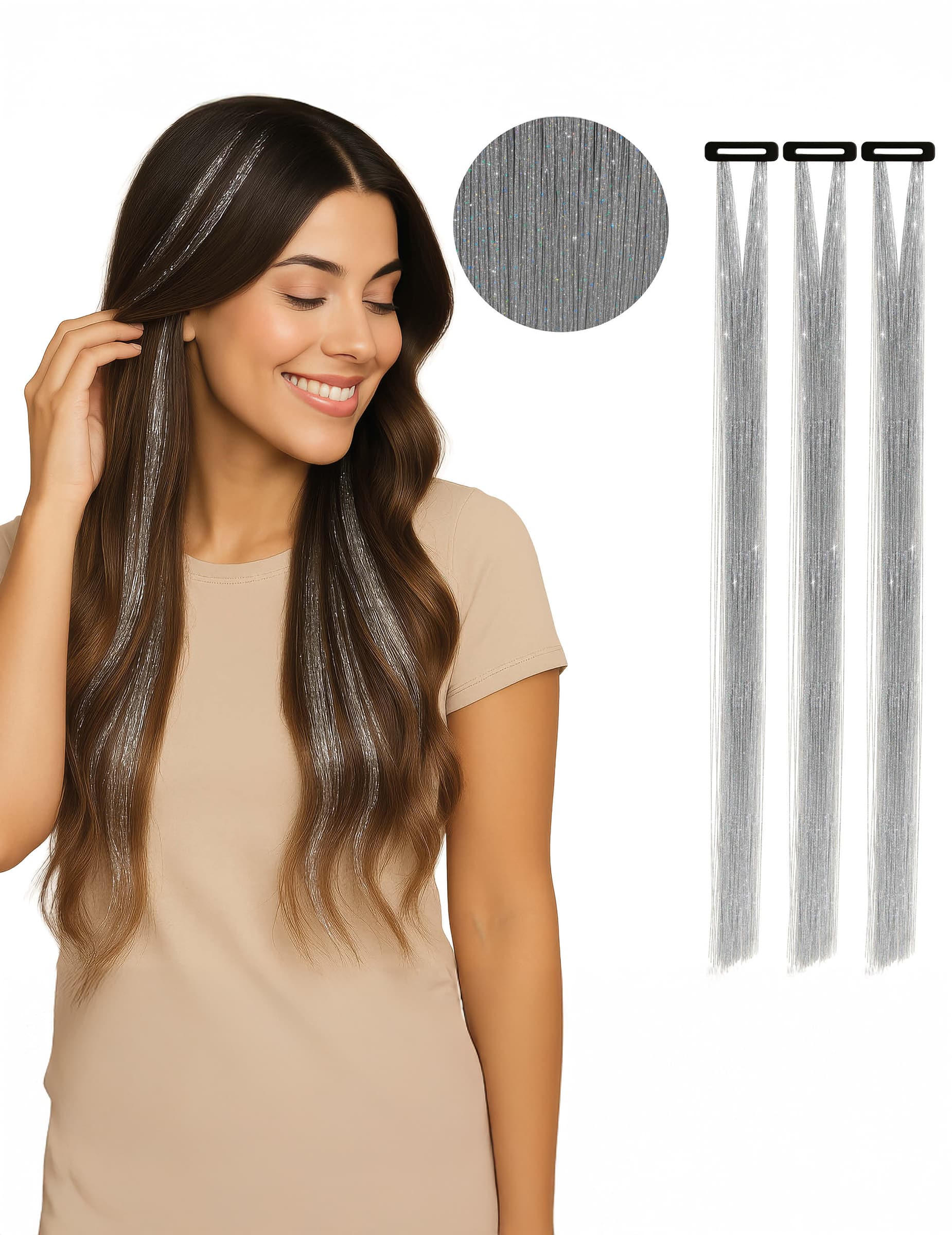 3 Lametta Haarsträhnen Silber Set für alle