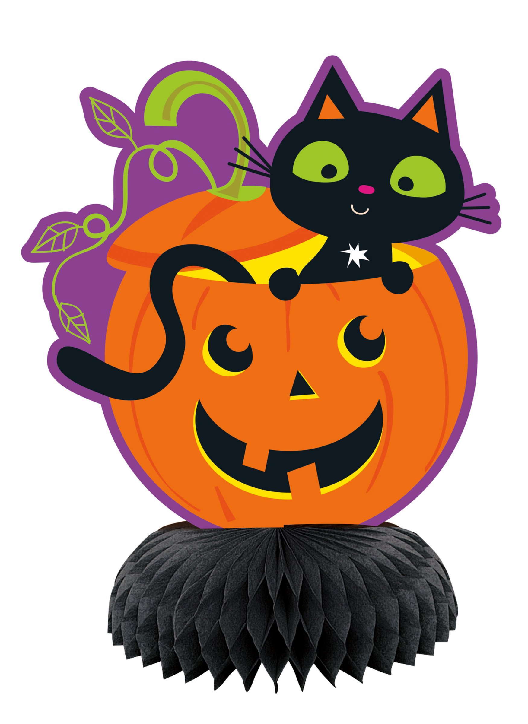 3 Mini-Tischaufsteller Wabenpapier Katze + Kürbis 15 cm Halloween-Deko