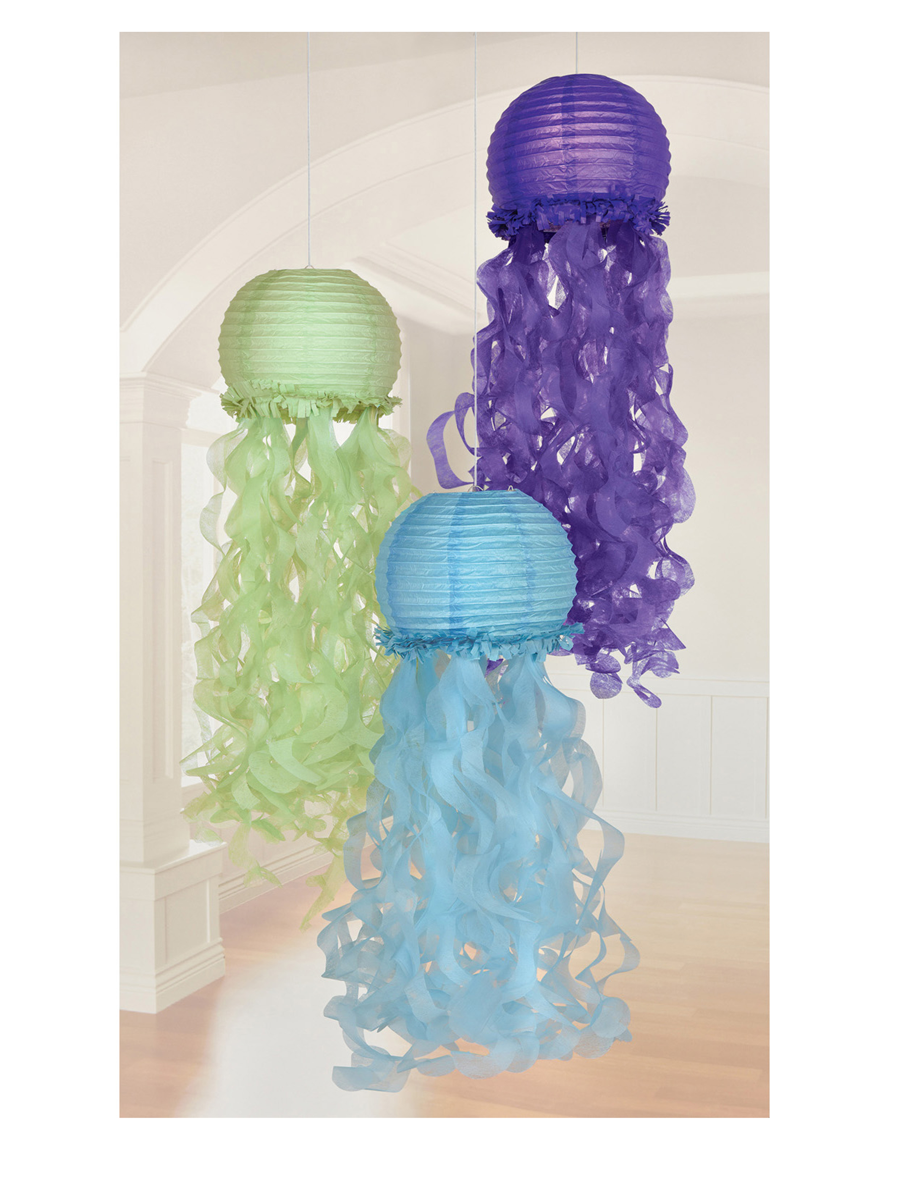 3 Papier-Lampions Quallen Meerjungfrauen-Traum 24 cm blau lila grün