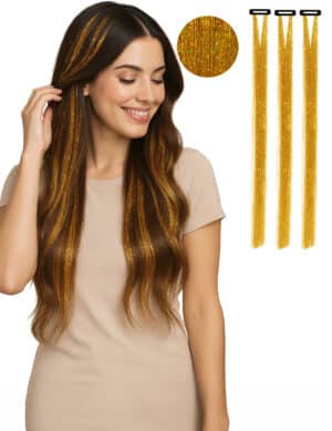 3 glitzernde goldene Haarsträhnen Clip in Extensions 50 cm