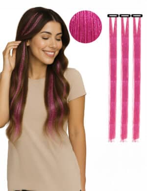 3 glitzernde rosa Haarsträhnen Clip in Extensions 50 cm