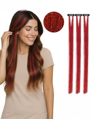 3 rote glänzende Strähnen Accessoire 50 cm