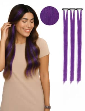 3 violette Haar Extensions mit Glitzer 50cm Ideal für Party Fasching + Co