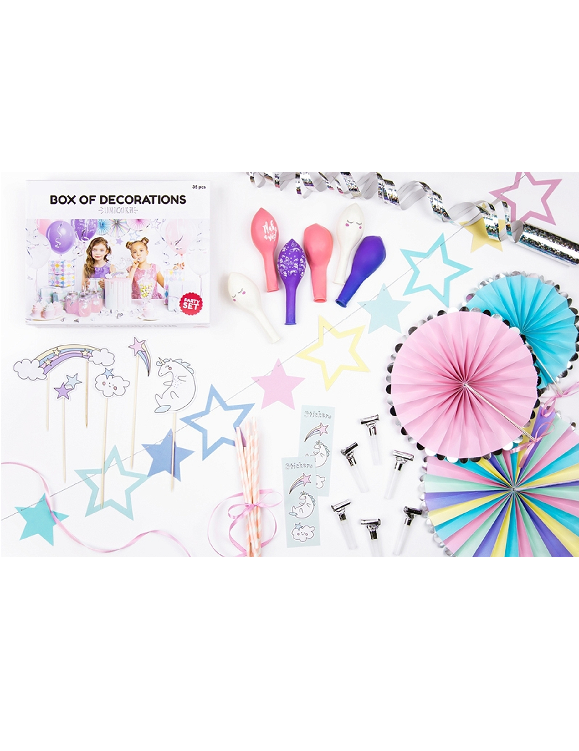 35-teiliges Einhorn-Geburtstagsdeko-Set mit Ballons und Rosetten