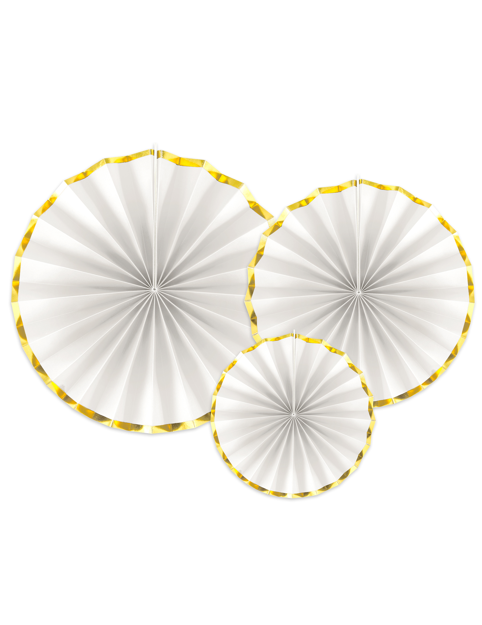 3er Set Papierfächer Weiß + Gold Deko (40/32/23 cm)