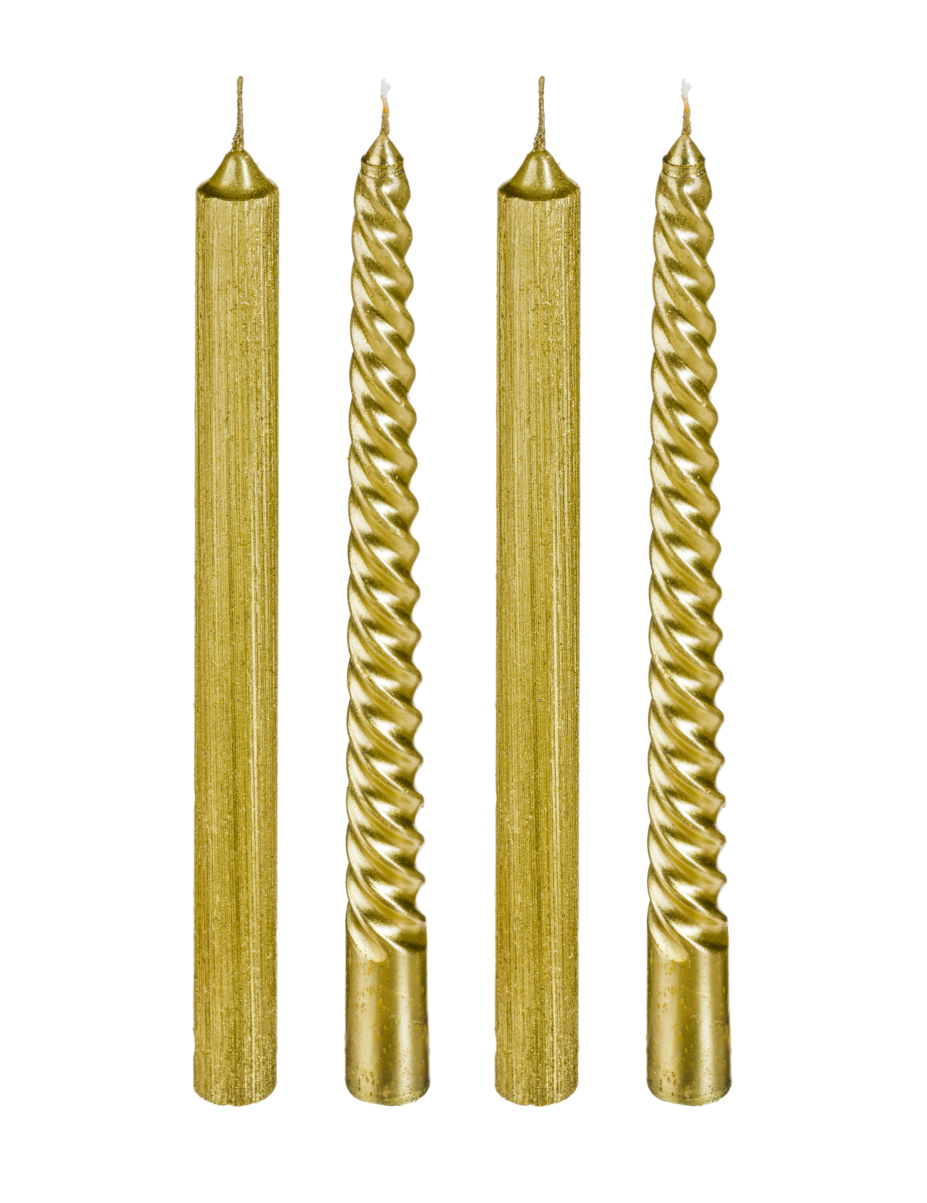 4 goldene Glitzer-Stabkerzen 25 cm gedreht