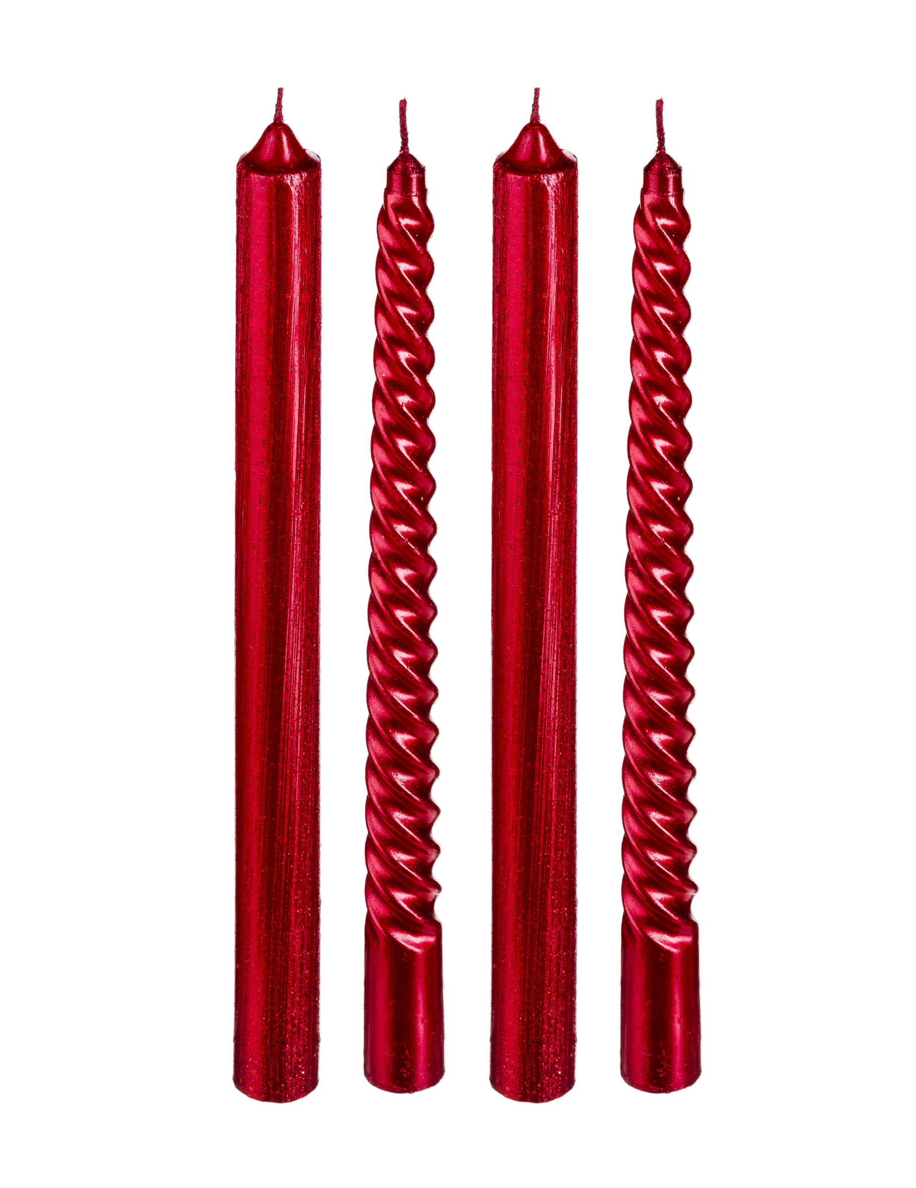 4 rote Stabkerzen mit Goldglitzer 25 cm