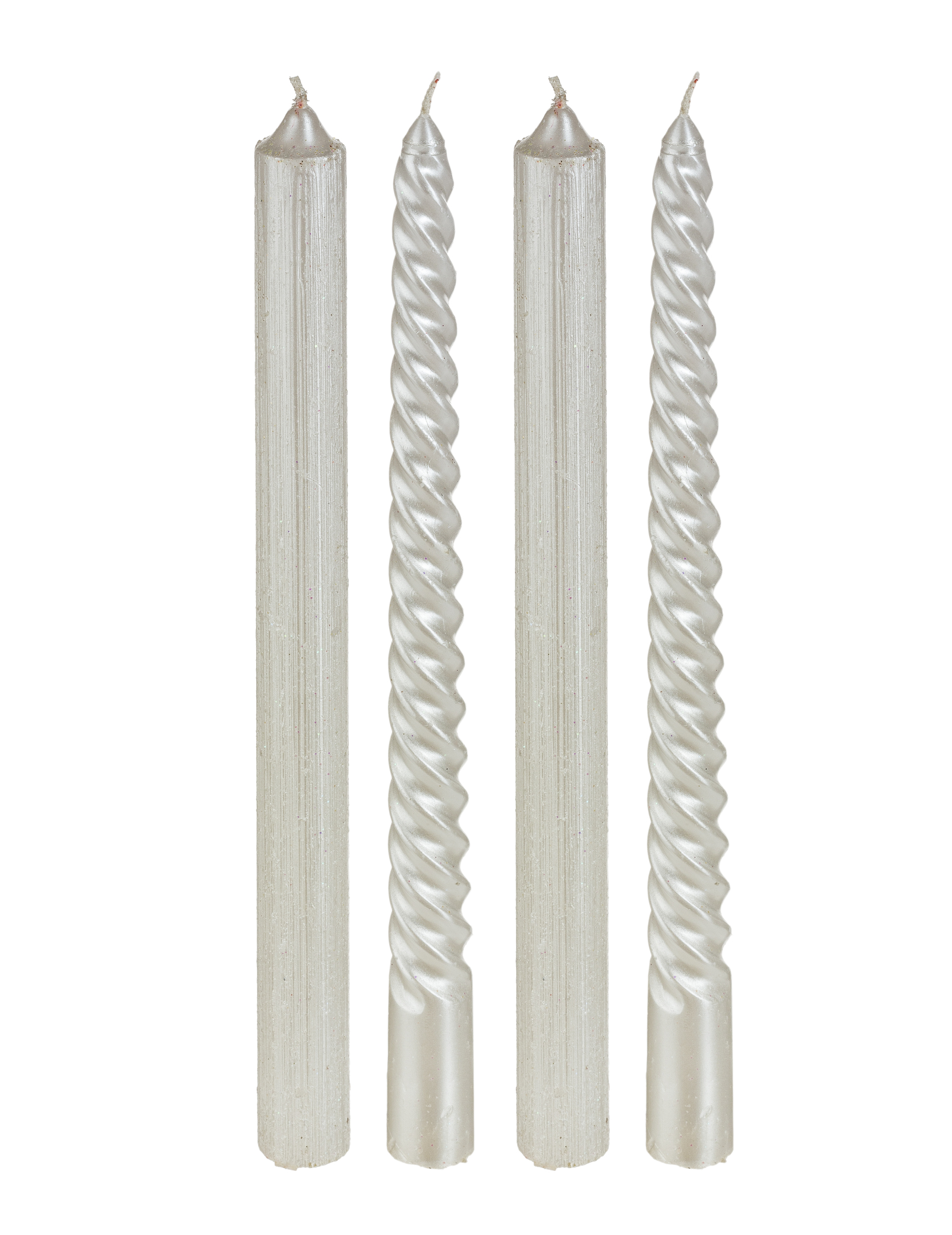 4 weiße Glitzer-Stabkerzen 25 cm gedreht