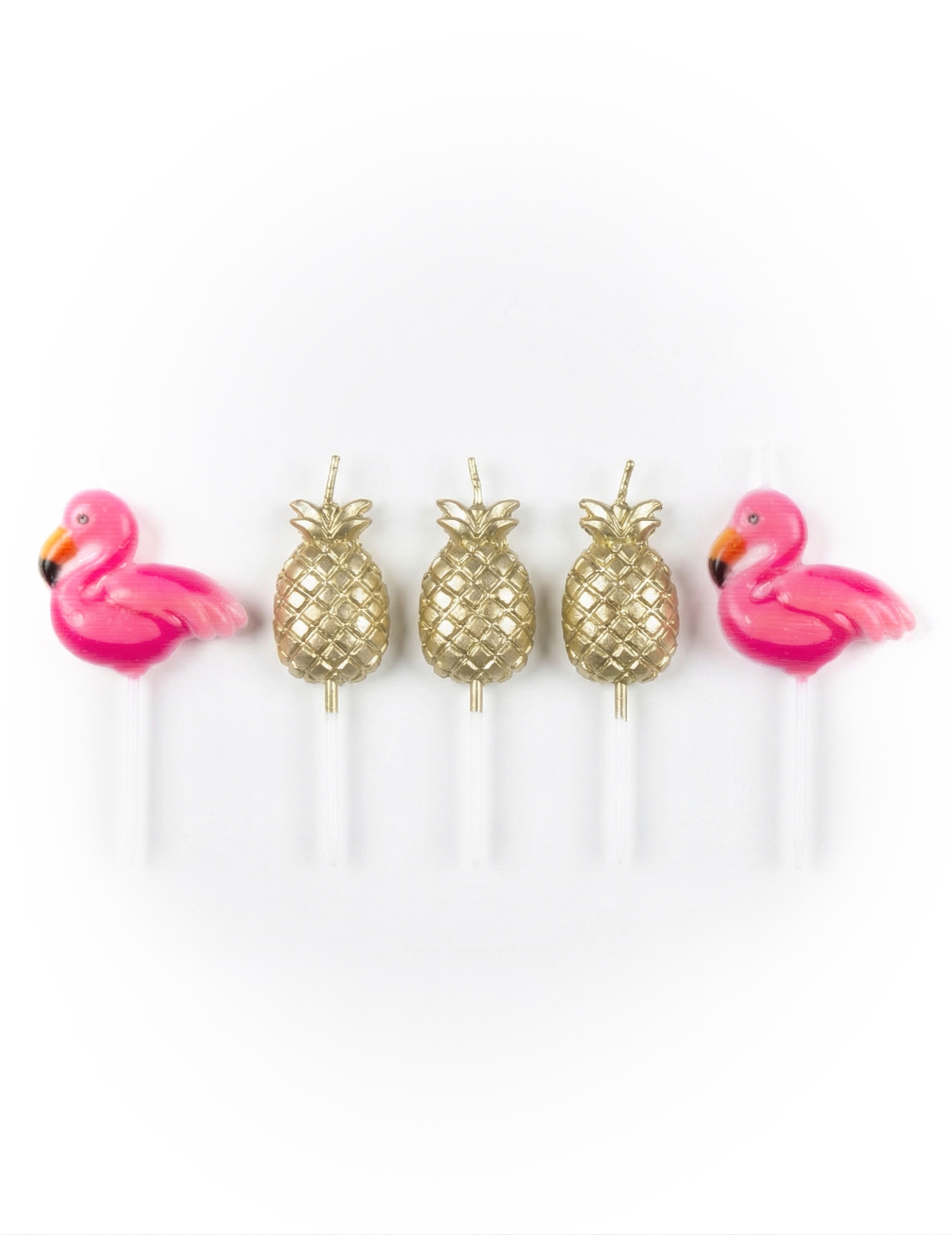 5 Tortenkerzen Flamingo und goldene Ananas auf Spieß 8 cm