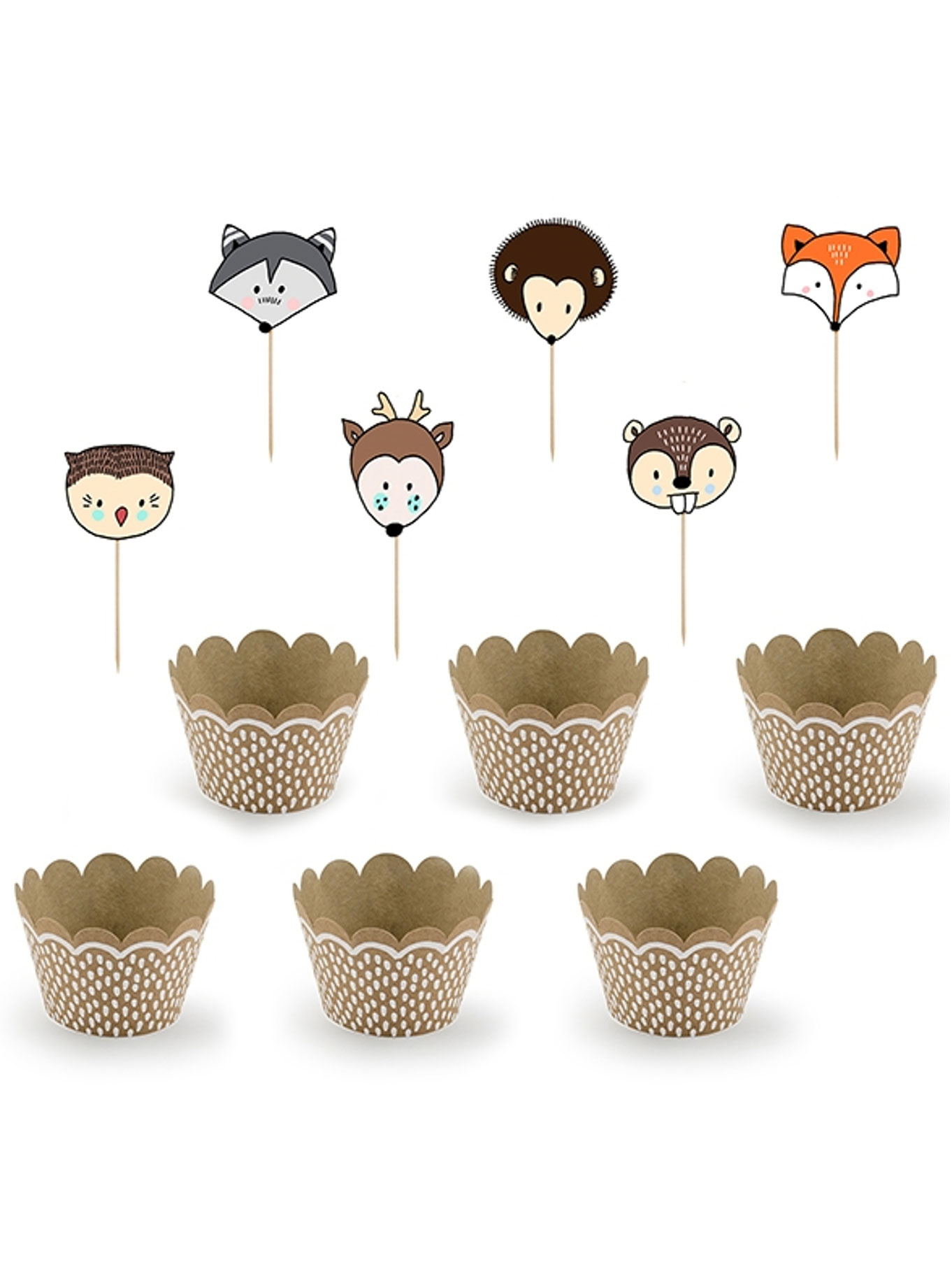 6 Cupcake-Förmchen Waldtiere mit Holzpicker-Set