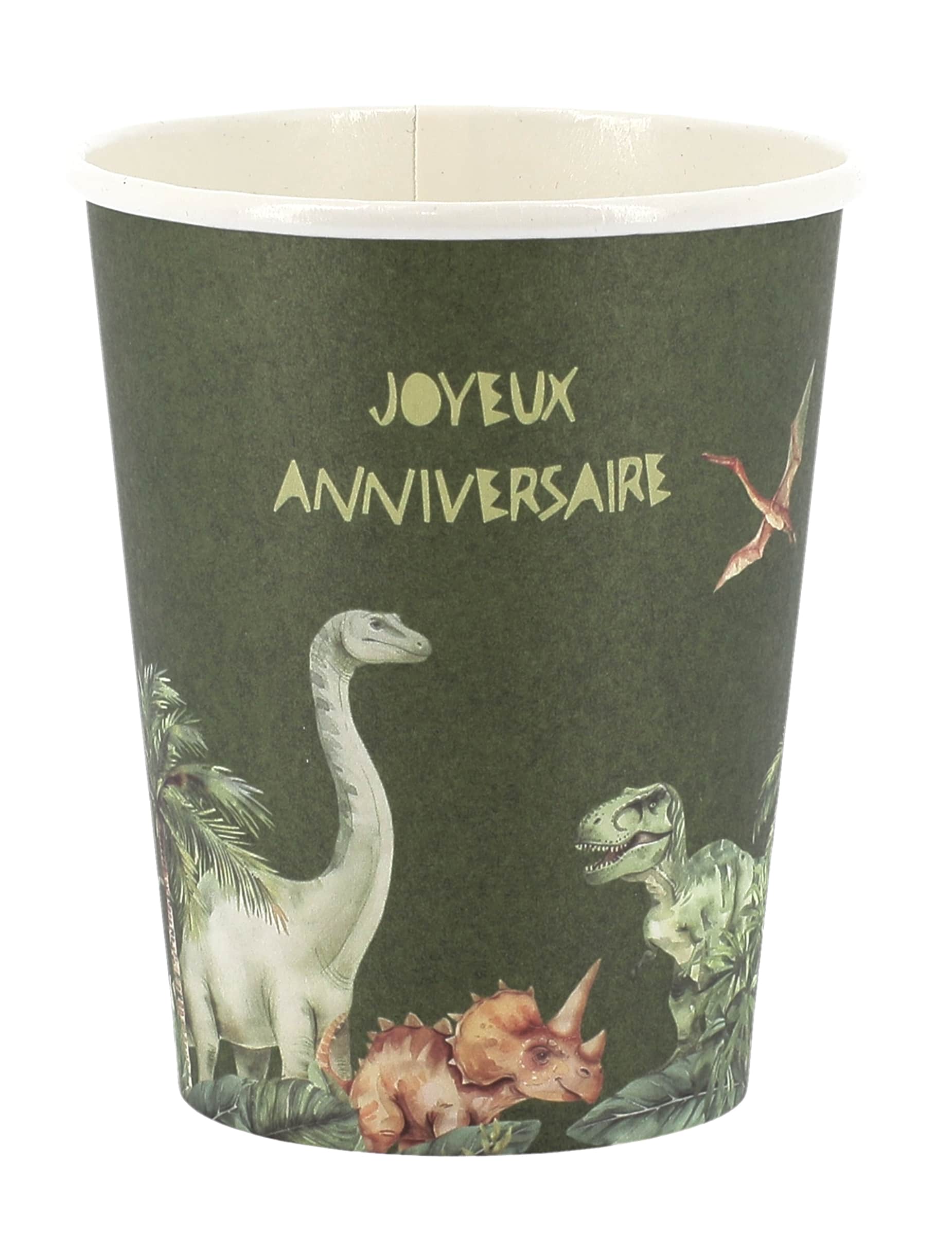 6 Dino Geburtstagbecher grün aus Pappe 255 ml Dschungel-Motto