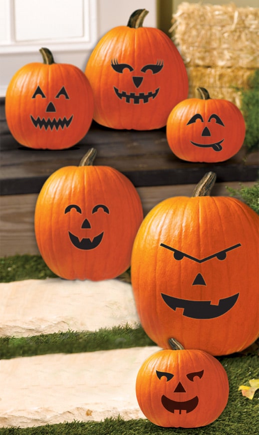 6 Kürbis-Gesichter Aufkleber Deko-Set Halloween schwarz