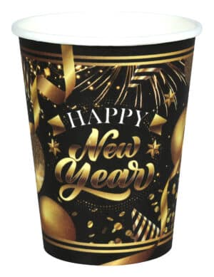 6 Pappbecher Happy New Year Schwarz Gold 240 ml