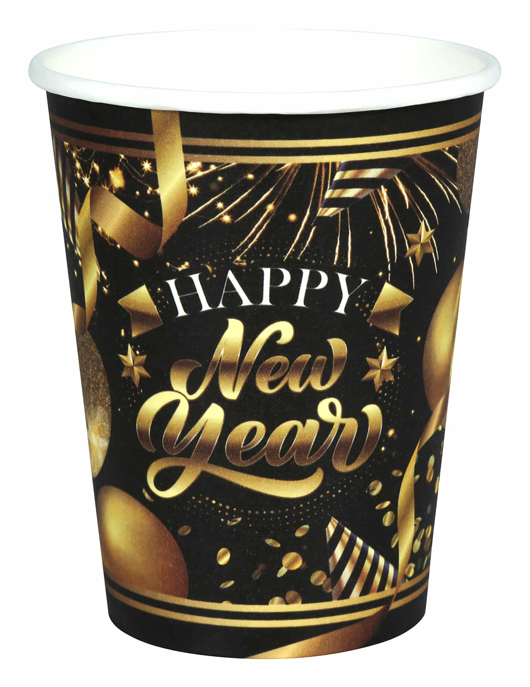 6 Pappbecher Happy New Year Schwarz Gold 240 ml