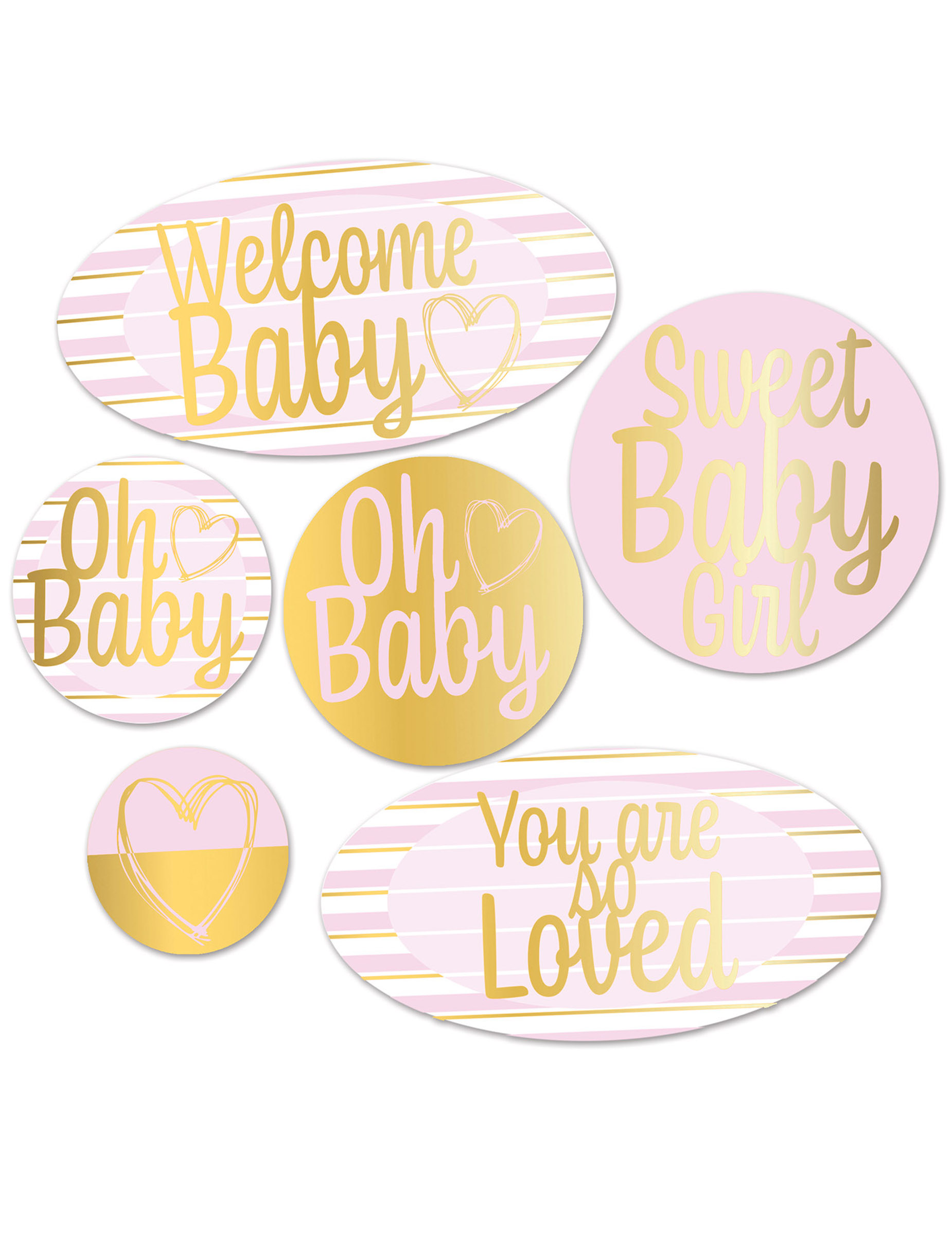 6 Pappdekorationen Welcome Baby Rosa und Gold Babyparty