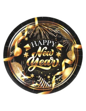 6 Pappteller Happy New Year Schwarz Gold 23 cm