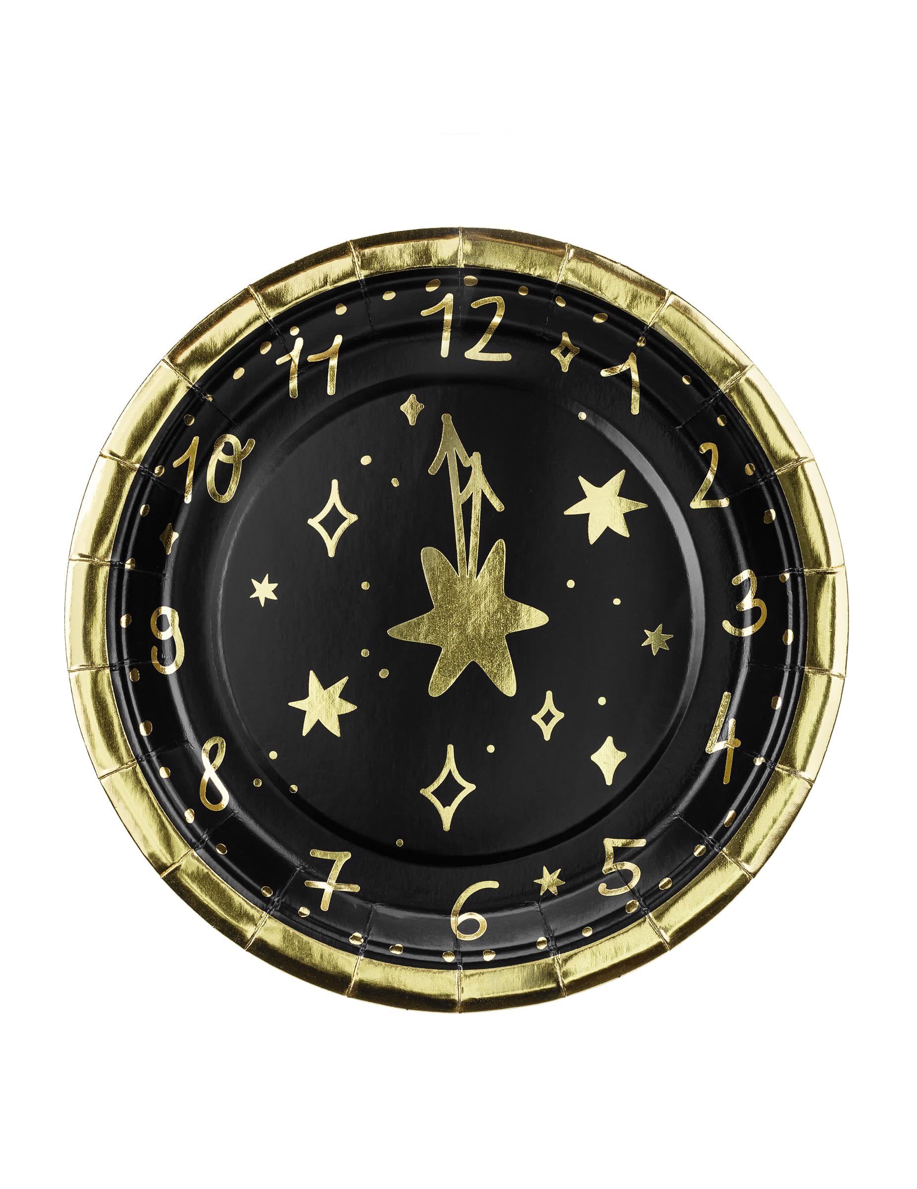 6 Pappteller Uhr Silvester klein rund schwarz gold