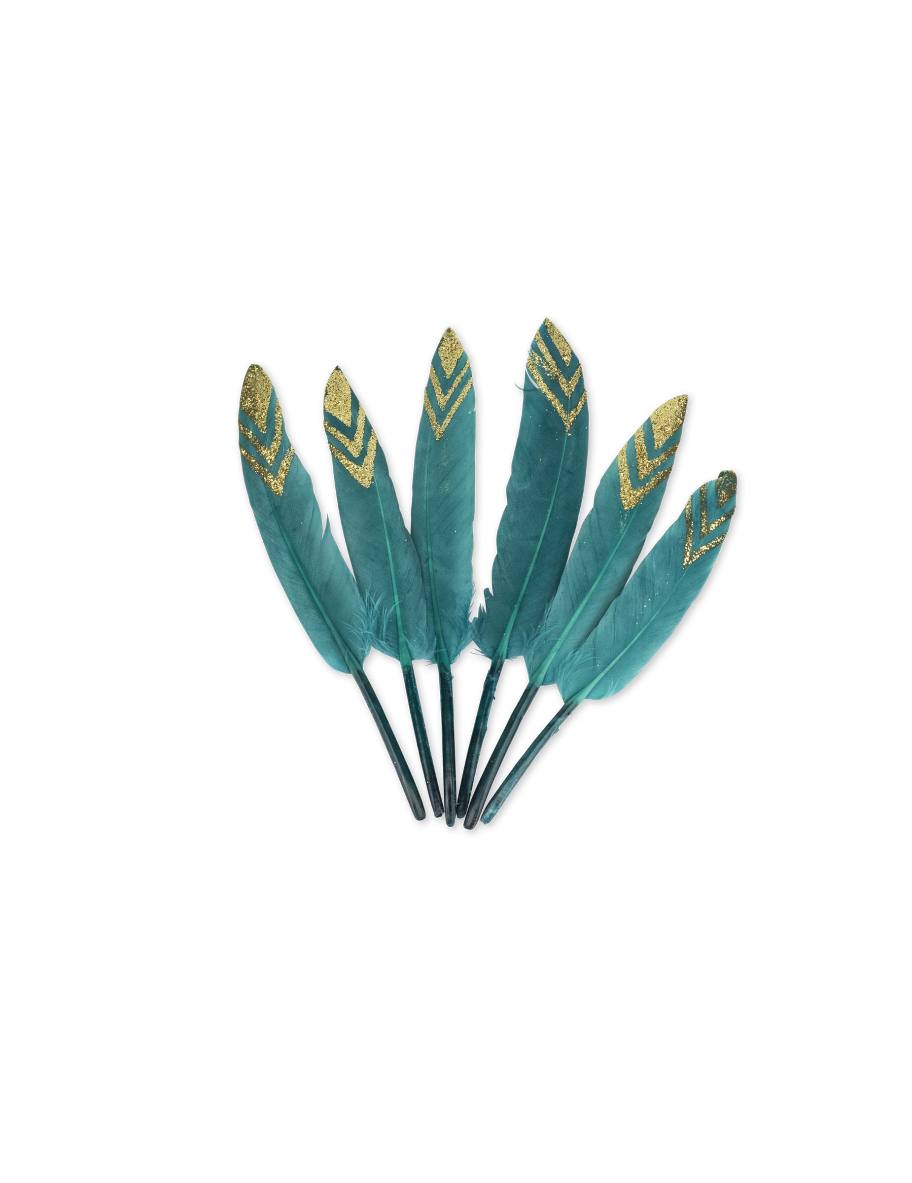 6 Pfau-blaue Federn + Goldglitzer 12-14 cm für Ethno-Deko