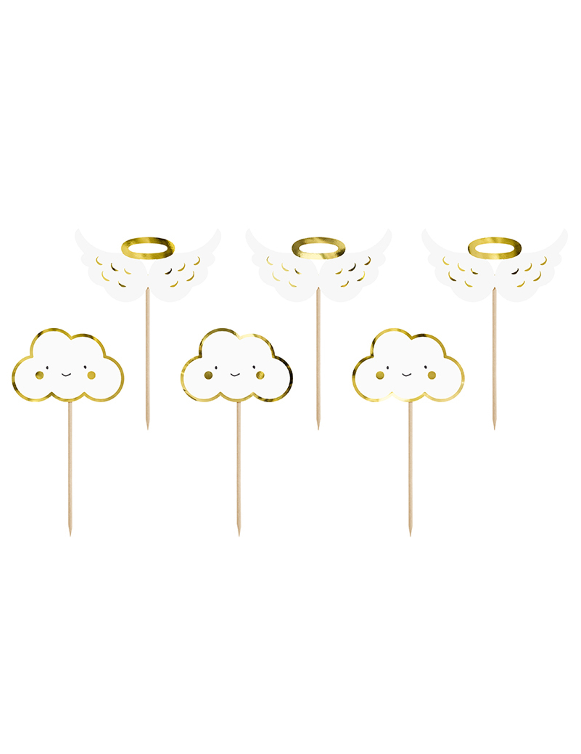 6 Tortenaufsätze aus Holz Wolken + Flügel weiß-gold 12