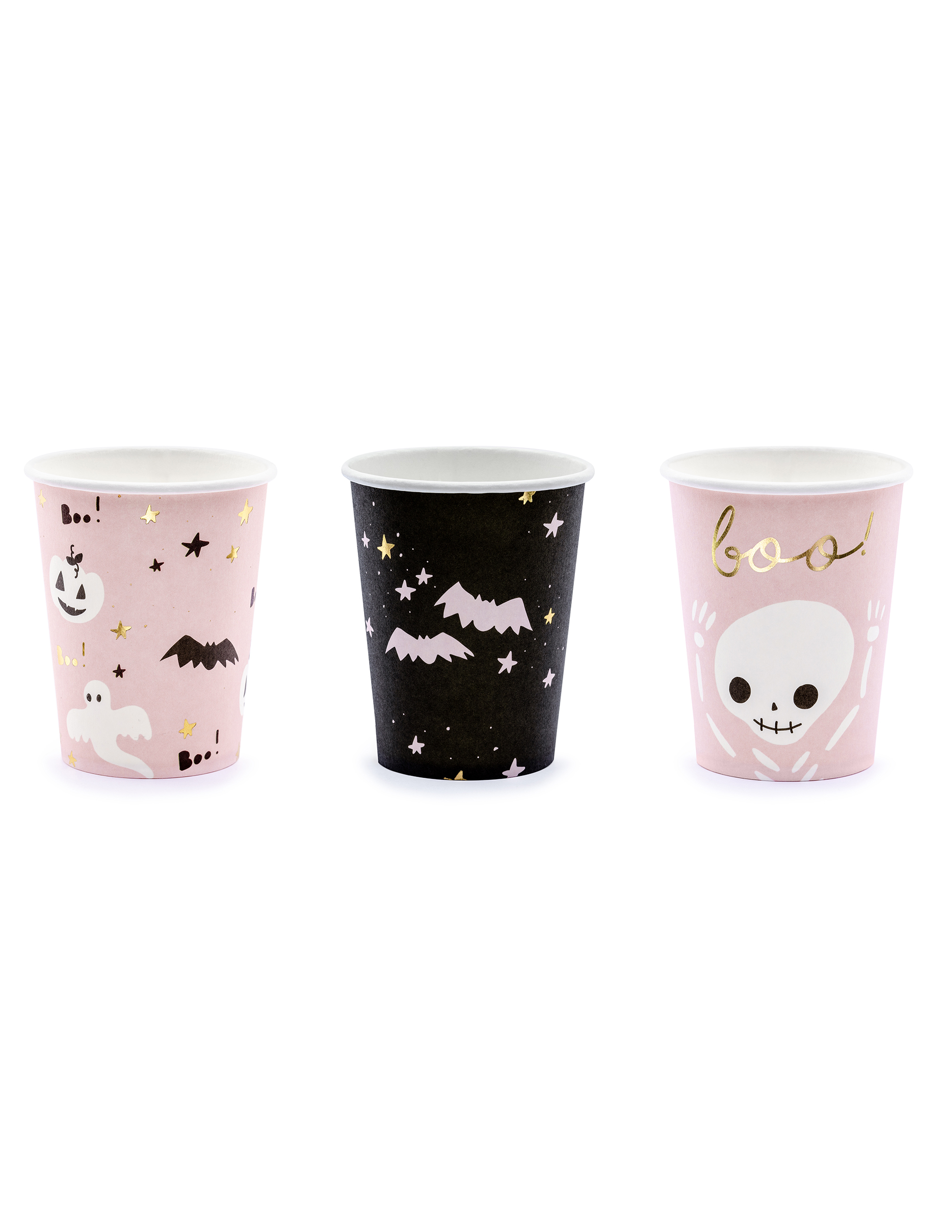 6 niedliche Halloween Pappbecher rosa und schwarz 220 ml