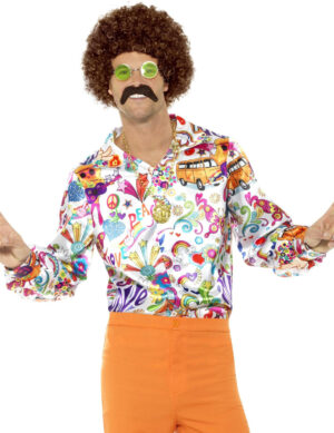 60er-Hippiehemd Love + Peace weiss-bunt