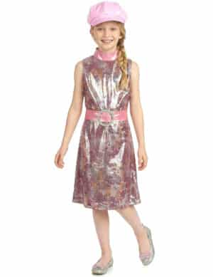 60er-Jahre Mädchenkostüm Disco-Kleid rosa-silber-gold
