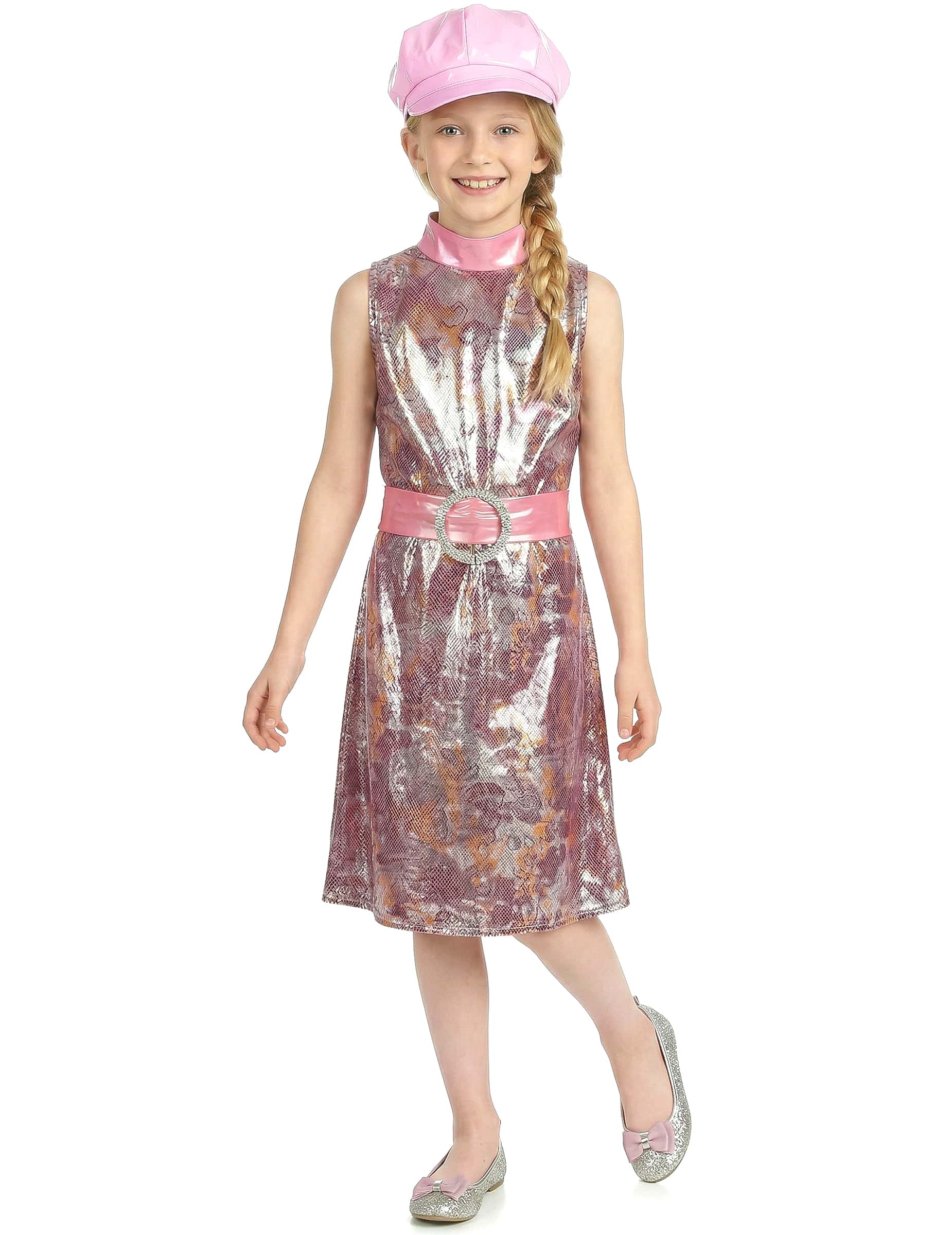 60er-Jahre Mädchenkostüm Disco-Kleid rosa-silber-gold