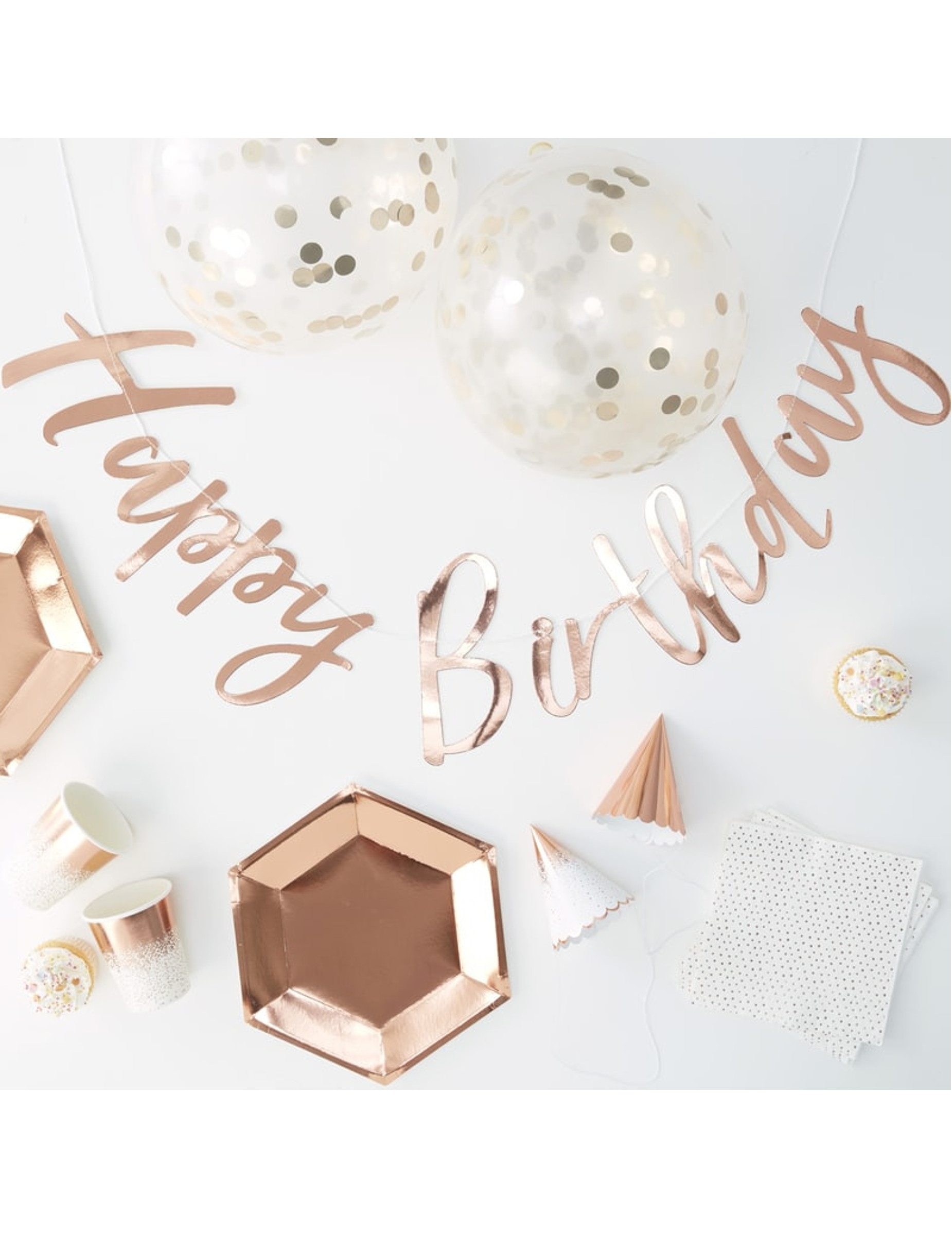70-teiliges Party-Set Rosegold – Deko + Geschirr mit Ballons + Girlande