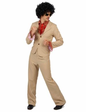 70er Disco-Herrenkostüm mit Rüschen beige-rot