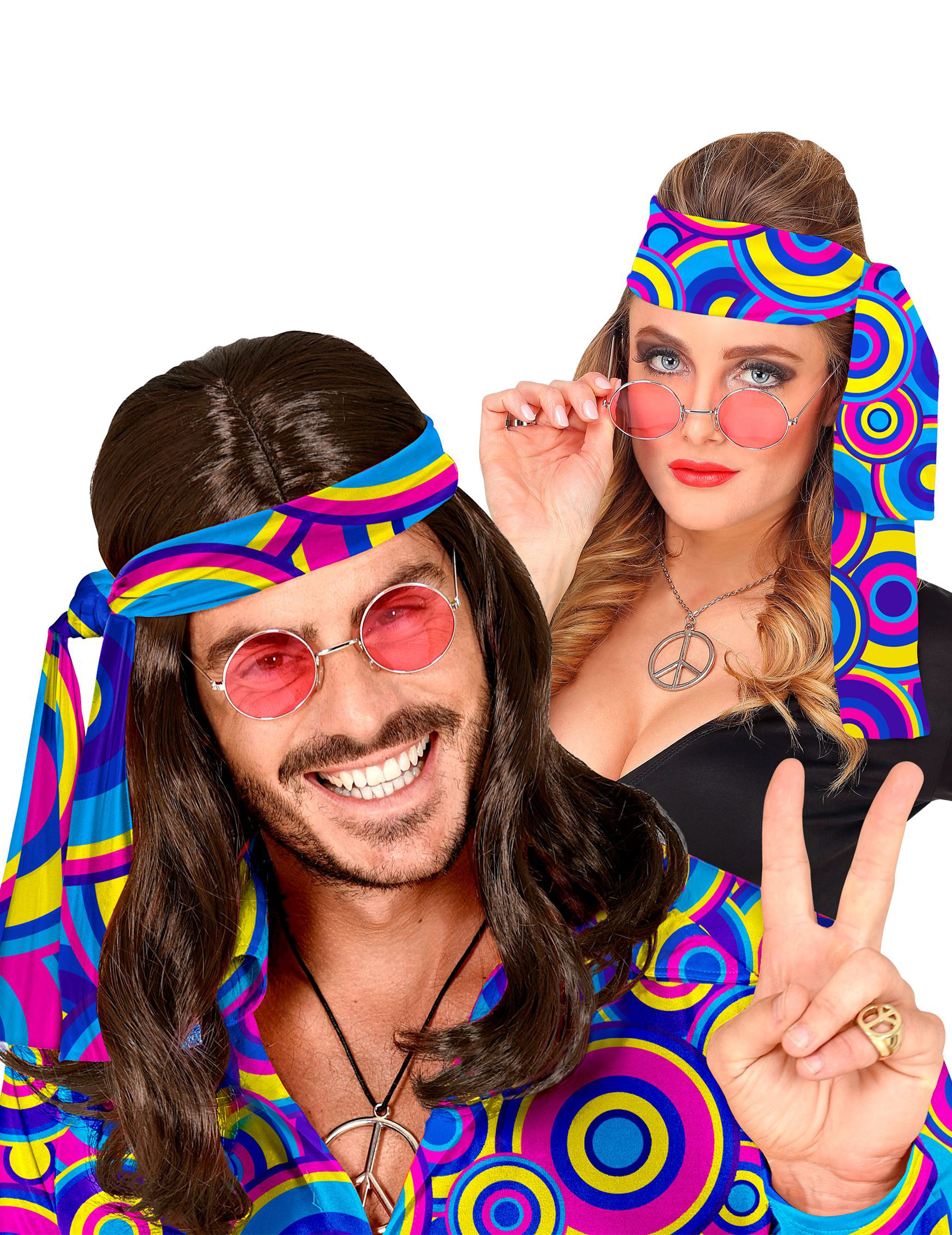 70er Jahre Haarband Disco Accessoire pink-gelb-blau
