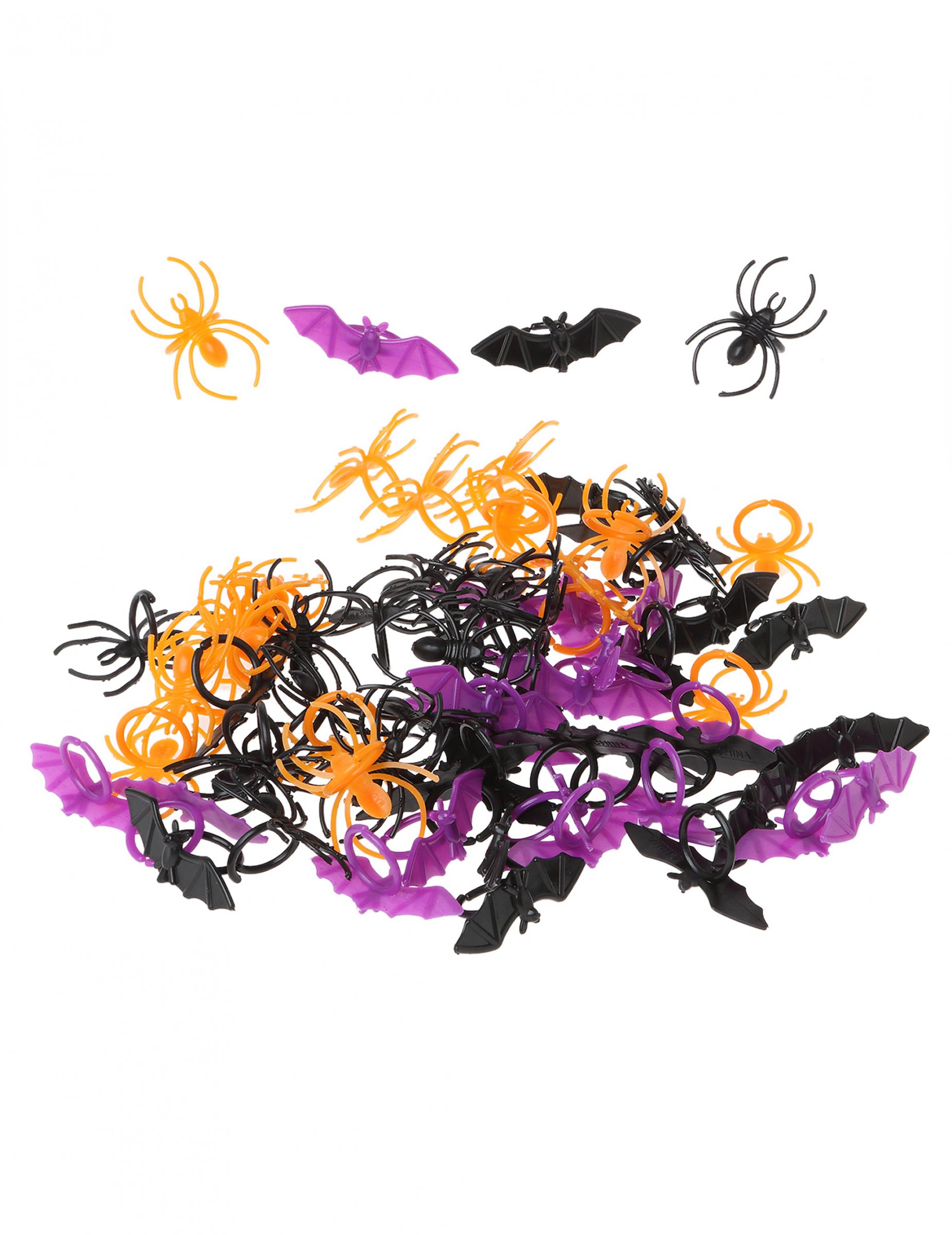 72 Halloween Kunststoff-Ringe Fledermäuse + Spinnen 2x4 cm